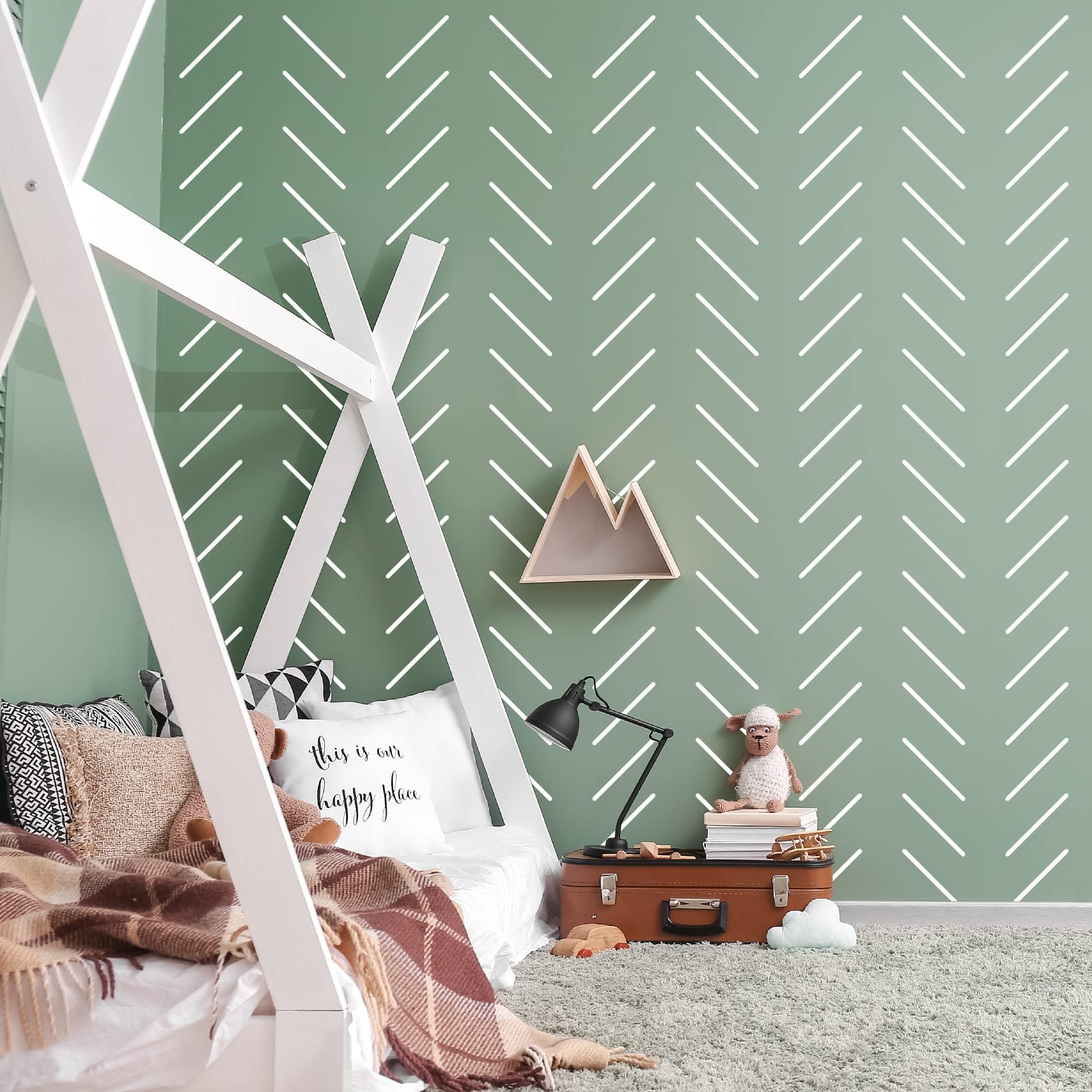 White Vinyl Line Wall Decals, Peel and Stick Modern Boho Wall Stickers, with a Spacing Template for Sticking, 300 Stripes for Living Room Nursery Kitchen Bathroom Home Office Wall Art Decor