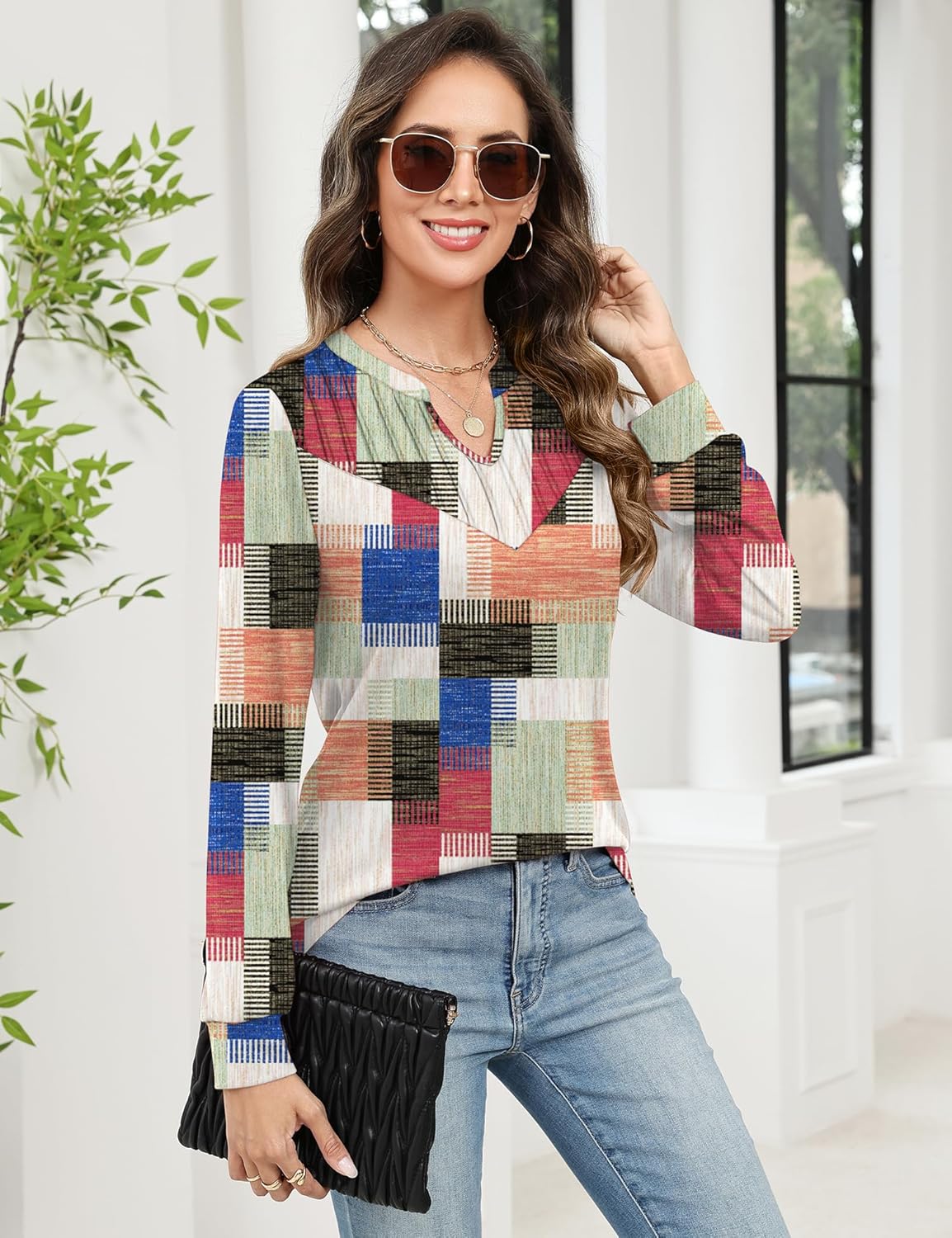 Rapbin Womens Long Sleeve Tops V Neck Dressy Casual T Shirts Trendy Pleated Tunic Shirts Loose Fit Basic Blouses - Image 2