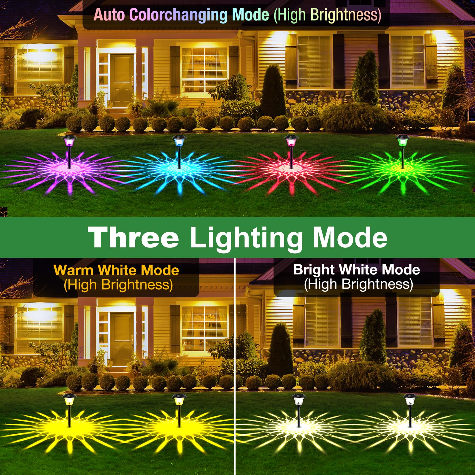 Paquete de 8 luces solares de camino para jardín al aire libre, cambio de color, blanco cálido, blanco brillante, IP65, impermeable, acero inoxidable, decorativo, paisaje, camino, patio, luces
