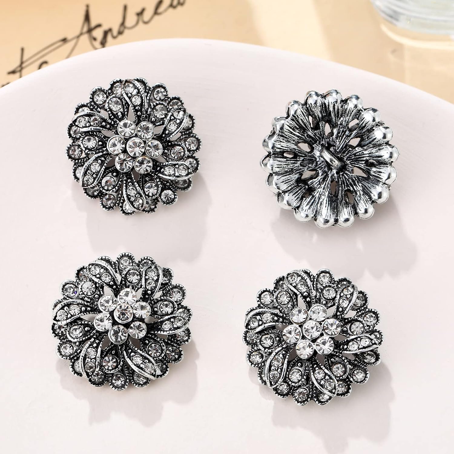 4 Pcs Sliver Rhinestone Buttons Crystal Embellishments for Clothing Jewelry Making DIY Decoration Bottons for Sewing Crafts Wedding Bridal(Button-3)
