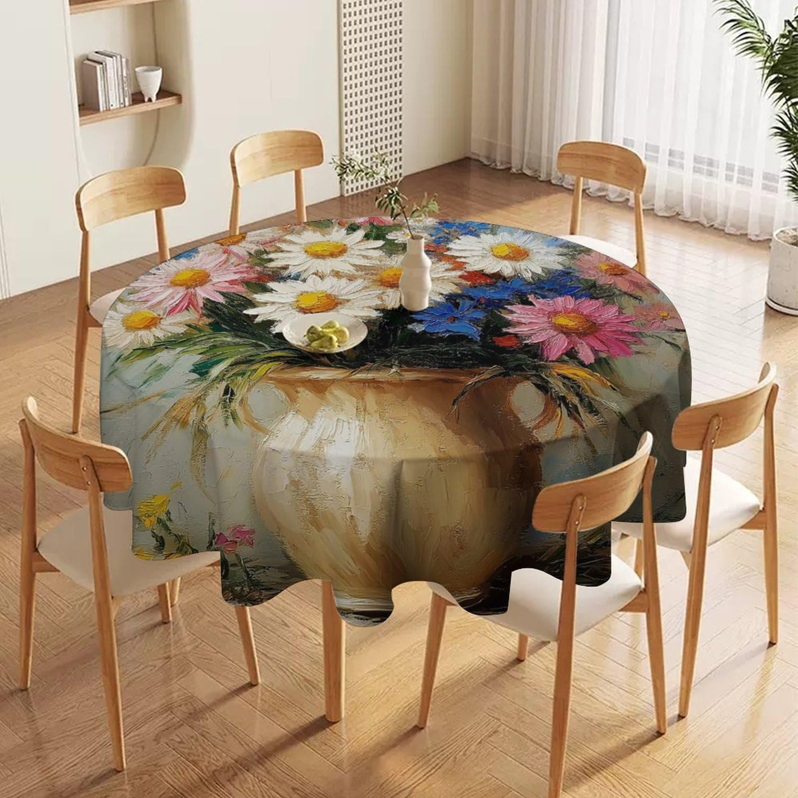 ORDOBO 3D Printed Tablecloth - Yellow Flowers Round Tablecloth Wipeable For Kitchen Dinner Picnic Party Home Fashion Print Table Cover Decoration 152X152Cm