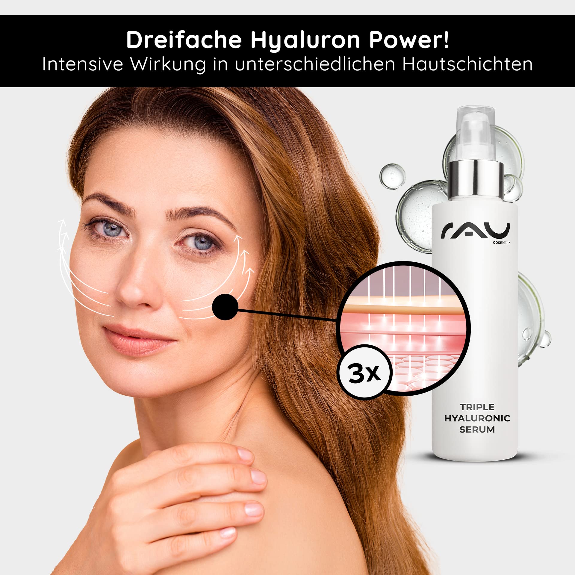 RAU Cosmetics Triple Hyaluronic Serum 100 ml - Intensiv Feuchtigkeitsserum mit Dreifach-Hyaluronsäure, Feigenkaktus & Panthenol - Anti-Aging Gesichtsserum für Aufpolsterung und Glow