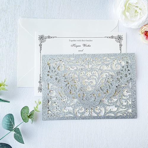 Miniatura 9 de KUCHYNEE 5.1 x 7.1 pulgadas, 50 unidades, personalizadas, color azul marino, corte láser, bolsillo de invitación de boda con sobres, kit de