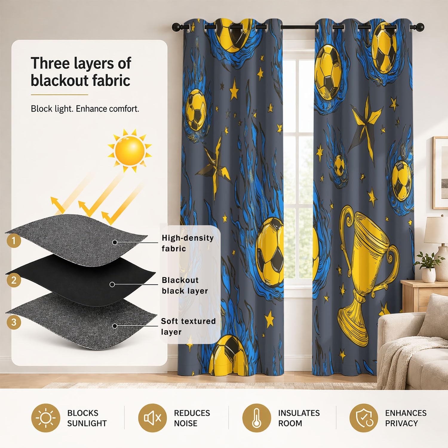 Generisch Dynamisch, Modisch Gardinen 225 x 140 cm | 2er Set Vorhänge Blickdicht - Flammen, Fußball, Goldener Pokal, Sterne - Ösenvorhang für Jungen und Mädchen