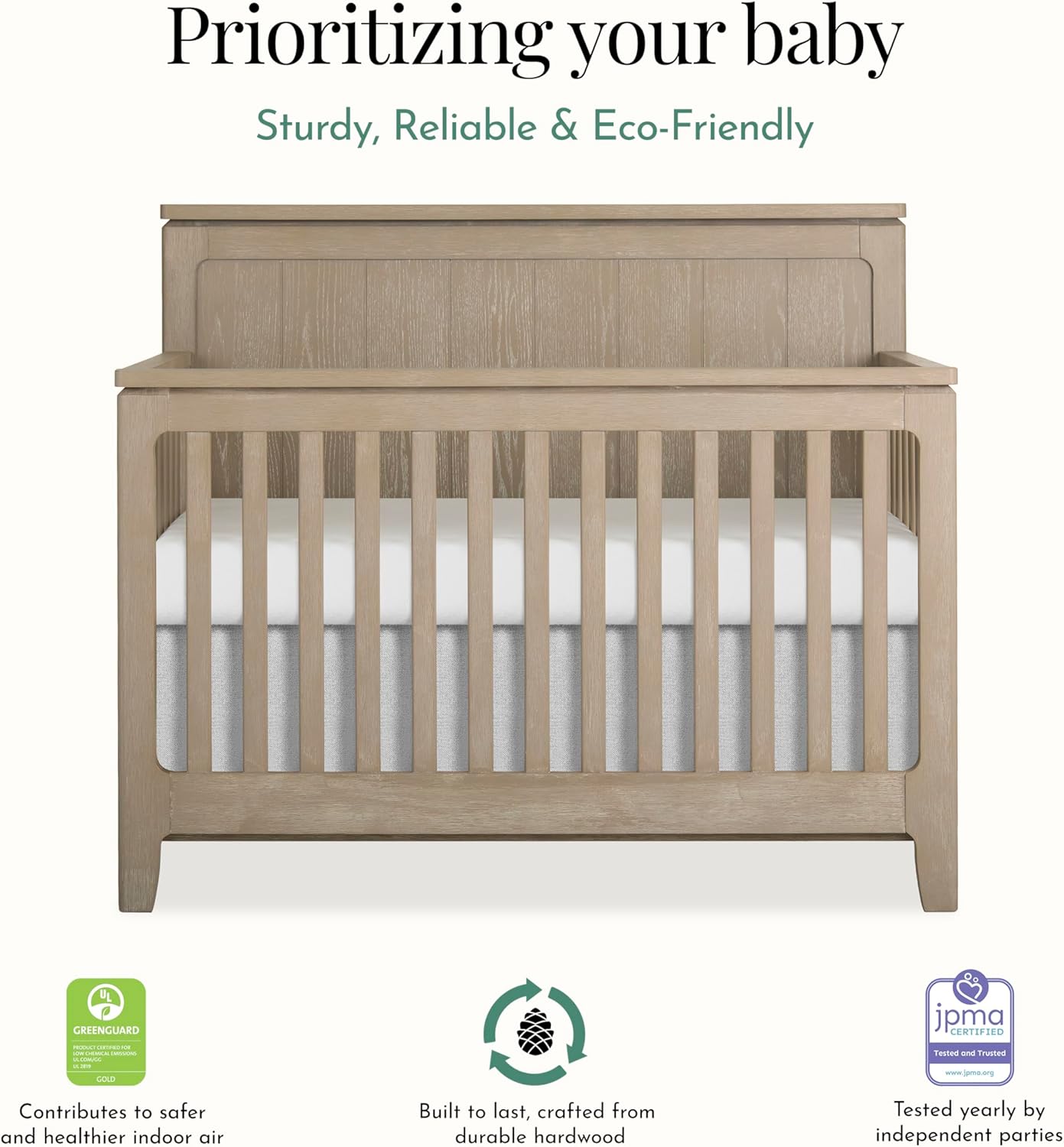 Evolur Oakley 5-in-1 Convertible Full-Size Baby Crib in Sienna Grey, GreenGuard Gold & JPMA, 3 Mattress Heights, Converts to Toddler, Day & Full-Size Bed, Safe Stylish Nursery