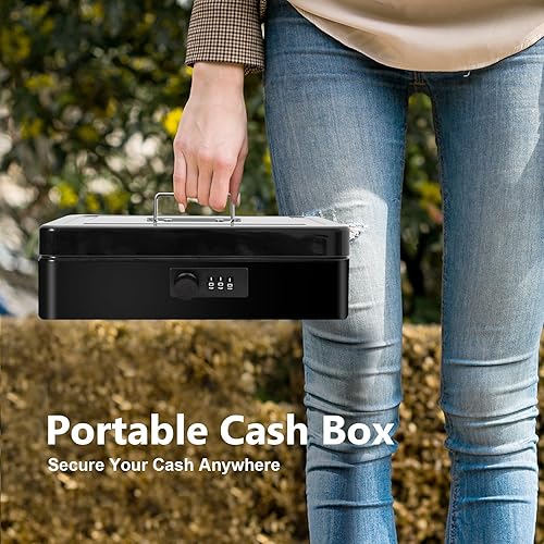 Miniatura 7 de Polspag Caja de efectivo con cerradura de combinación, caja de dinero de metal con bandeja para efectivo, cajas de efectivo portátiles de lujo, caja