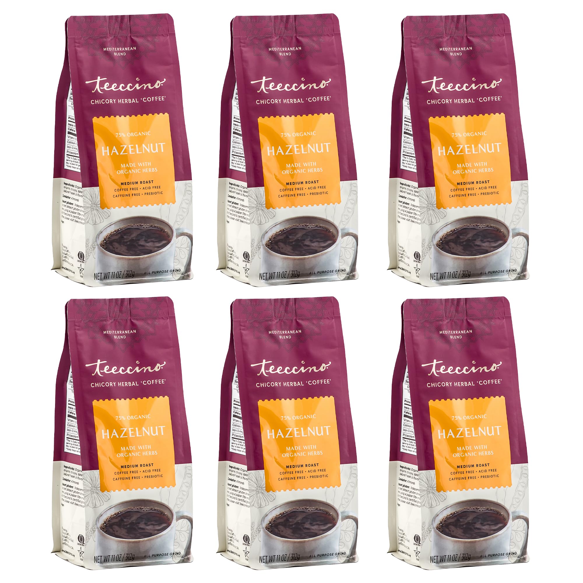 Teeccino Hazelnut Chicory Coffee Alternative - Ground Herbal Coffee That’s Prebiotic, Caffeine Free & Acid Free, Medium Roast, 11 Ounce (Pack of 6)
