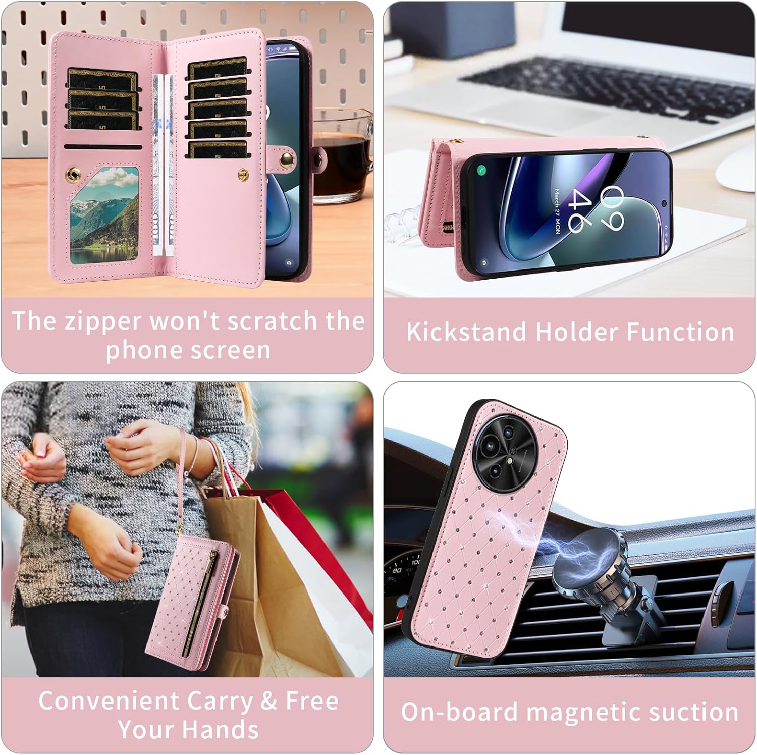 Asuwish Phone Case for TCL 50 XL 5G Zipper Wallet Detachable Magnetic Cell Cover with Tempered Glass Screen Protector Crossbody Strap Bling Flip Credit Card Holder TCL50XL 50XL T702W Women Girls Pink