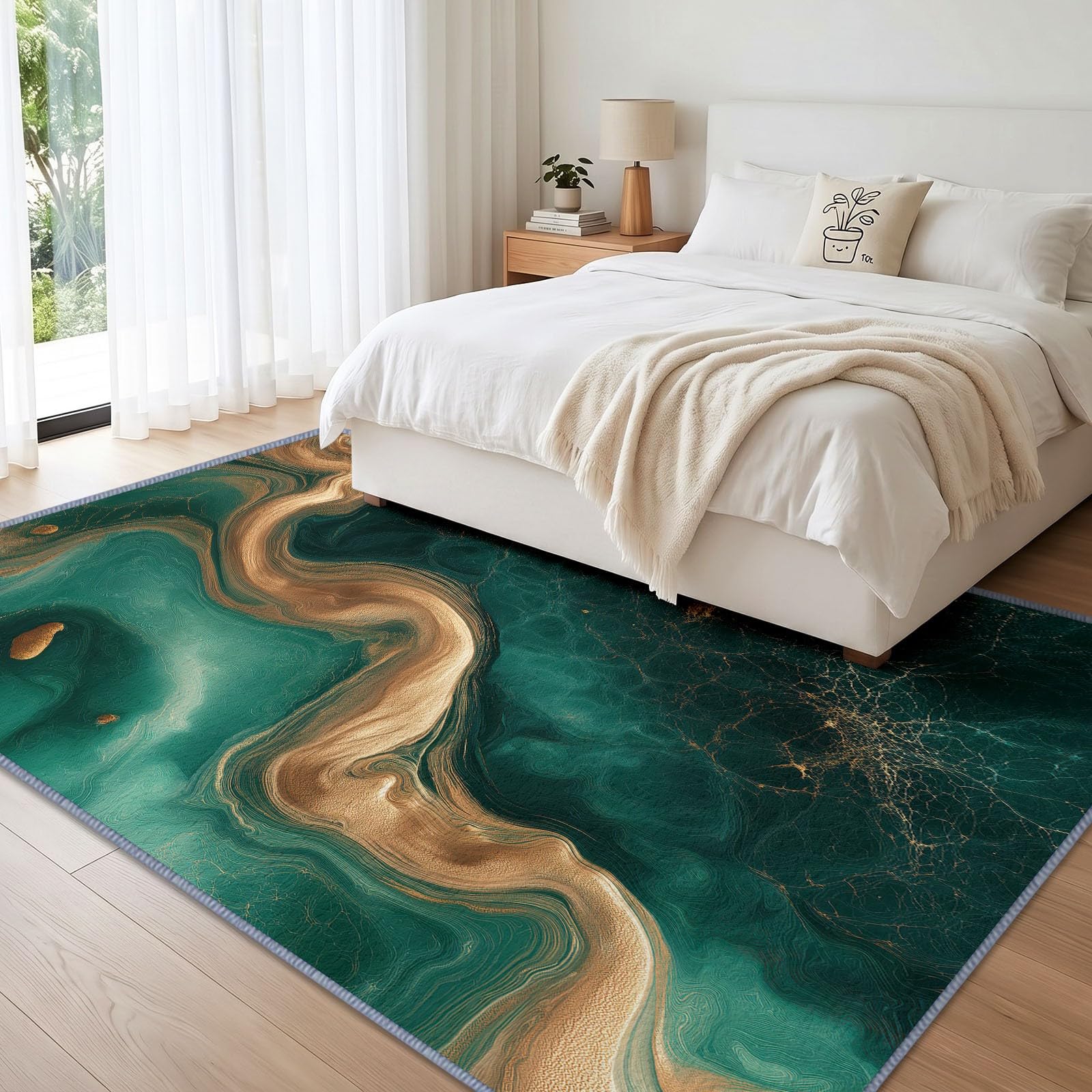 Générique Tapis Moderne Abstrait Fluide Doux Antidérapant 160 x 230 cm, Décoratif Poils Courts Vert et Or Marbre Vortex Élément Facile d'entretien pour Chambre Salon Salle à Manger