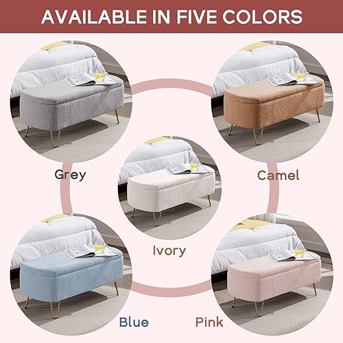 Miniatura 6 de NIOIIKIT Banco otomano de almacenamiento, cómodo banco de entrada tapizado de piel sintética con patas de metal, banco de dormitorio con parte