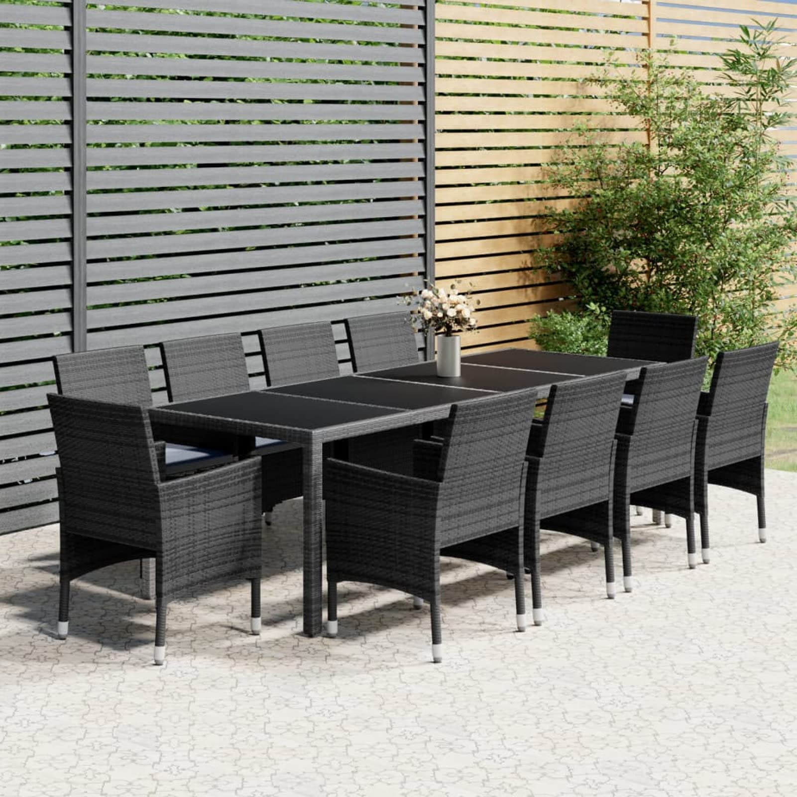 Gaseeto Garten Essgruppe 10 Personen Rattan Essgruppe mit 10 Gartenstühlen und Gartentisch, Grau, Transitional, Witterungsbeständig, Pflegeleicht, Benötigt Montage Garten