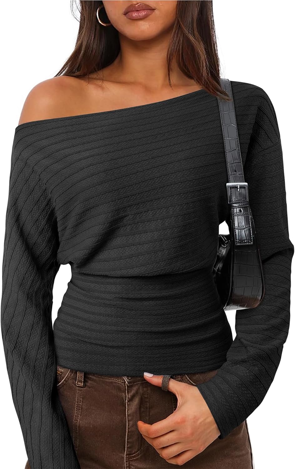 Unixseque Women Off The Shoulder Tops Fall Trendy Long Batwing Sleeve Knit Pullover Going Out Shirts Winter Fashion Clothing - Image 4