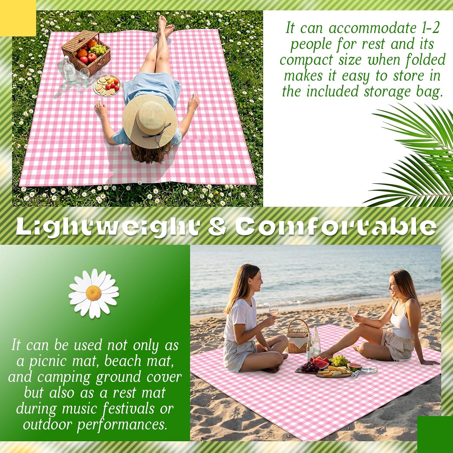 HunnmingRe Gingham Pocket Picnic Blanket Lightweight Portable Compact Beach Mat 55 x 60inch Foldable Fits into Small Bag Sandproof Waterproof Quick Dry Outdoor Blanket for Hiking Camping Travel, Pink