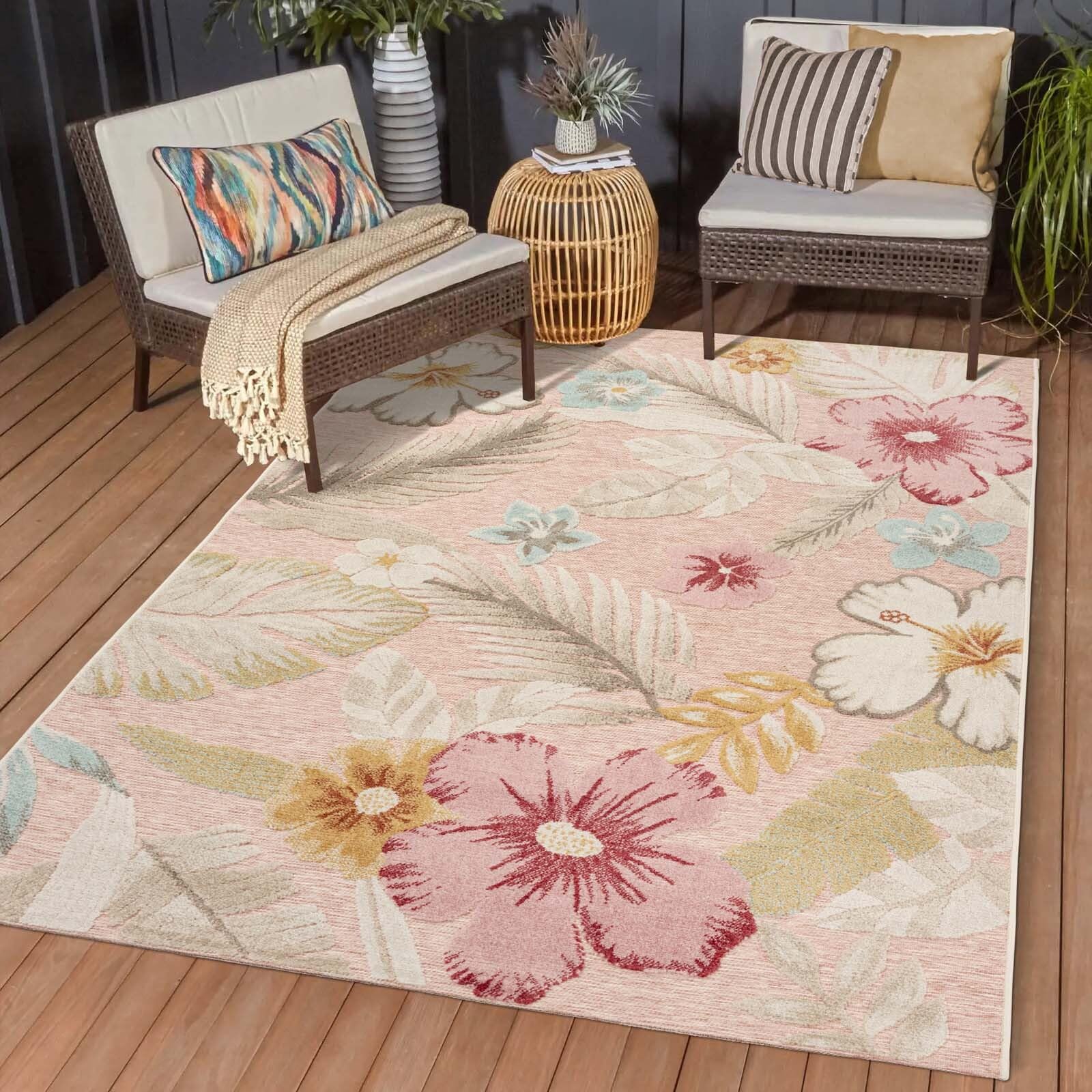 Taracarpet In & Outdoor Teppich Wetterfest Wohnzimmer Balkon Küchenteppich Terrassenteppich Flachgewebe mit Muster Blumen floral Rose rosa 240x340 cm