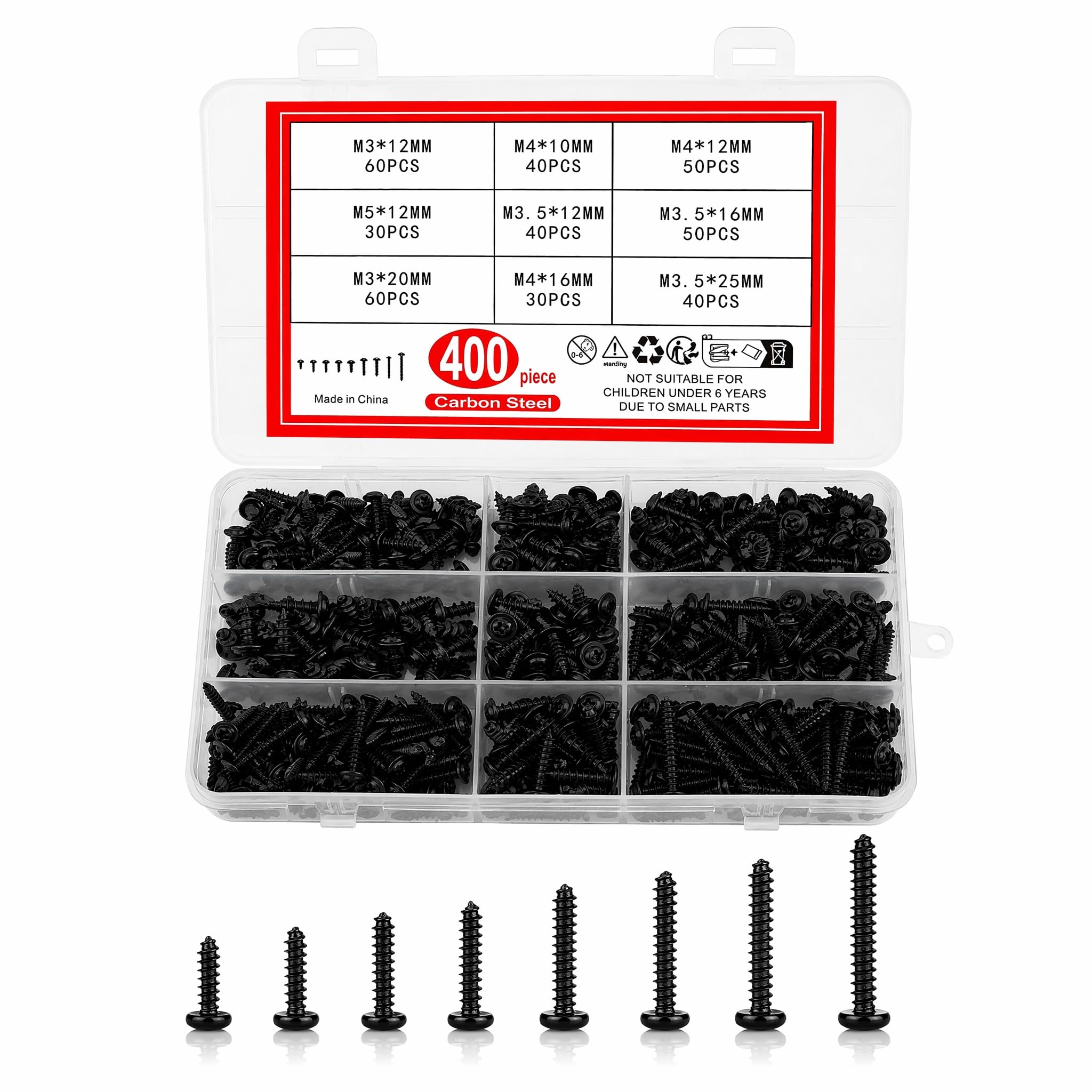 400 Pcs Black Self Tapping Screws, Pan Head Self Drilling Screws Assortment