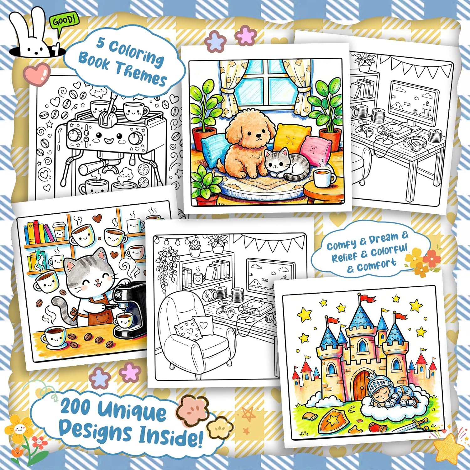 5PCS Coloring Book for Adults Relaxation, Arts and Crafts Coloring Gifts for Women, 200 Simple and Cute Patterns Include Comfy & Dream & Relief & Colorful & Comfort