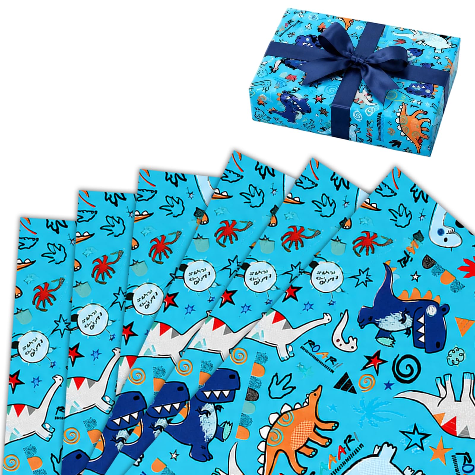 Wrapping Paper 6 Sheets, Birthday Gift Wrap Sheets Blue Dinosaur, Fun Blue Dino Print Gift Wrap, Boys Party Present Packing Supplies for Birthday, Celebrations, 50 x 70 cm
