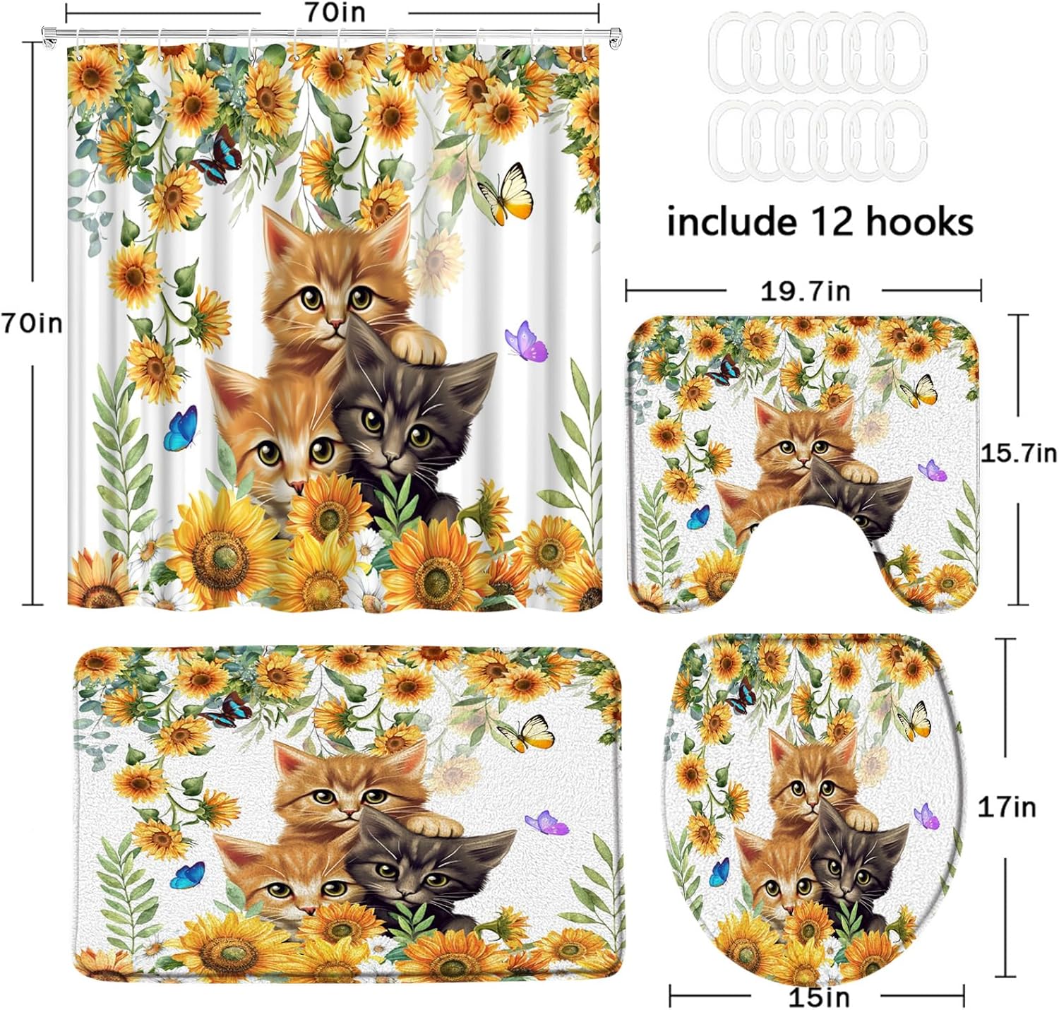 4Pcs Sunflower Cat Shower Curtain Set Rustic Vintage Floral Farmhouse Kitty Pet Lover Kitten Flower Cats Flowers Butterfly Toilet Lid Cover and Bath Mat Rugs Bathroom Accessories with 12 Hooks