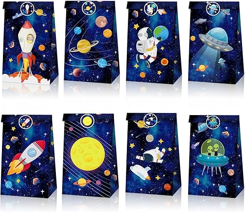 Miniatura 7 de COSFAN Paquete de 12 bolsas de regalo para el espacio exterior, planeta sistema solar, bolsas de regalo de astronautas con temática de