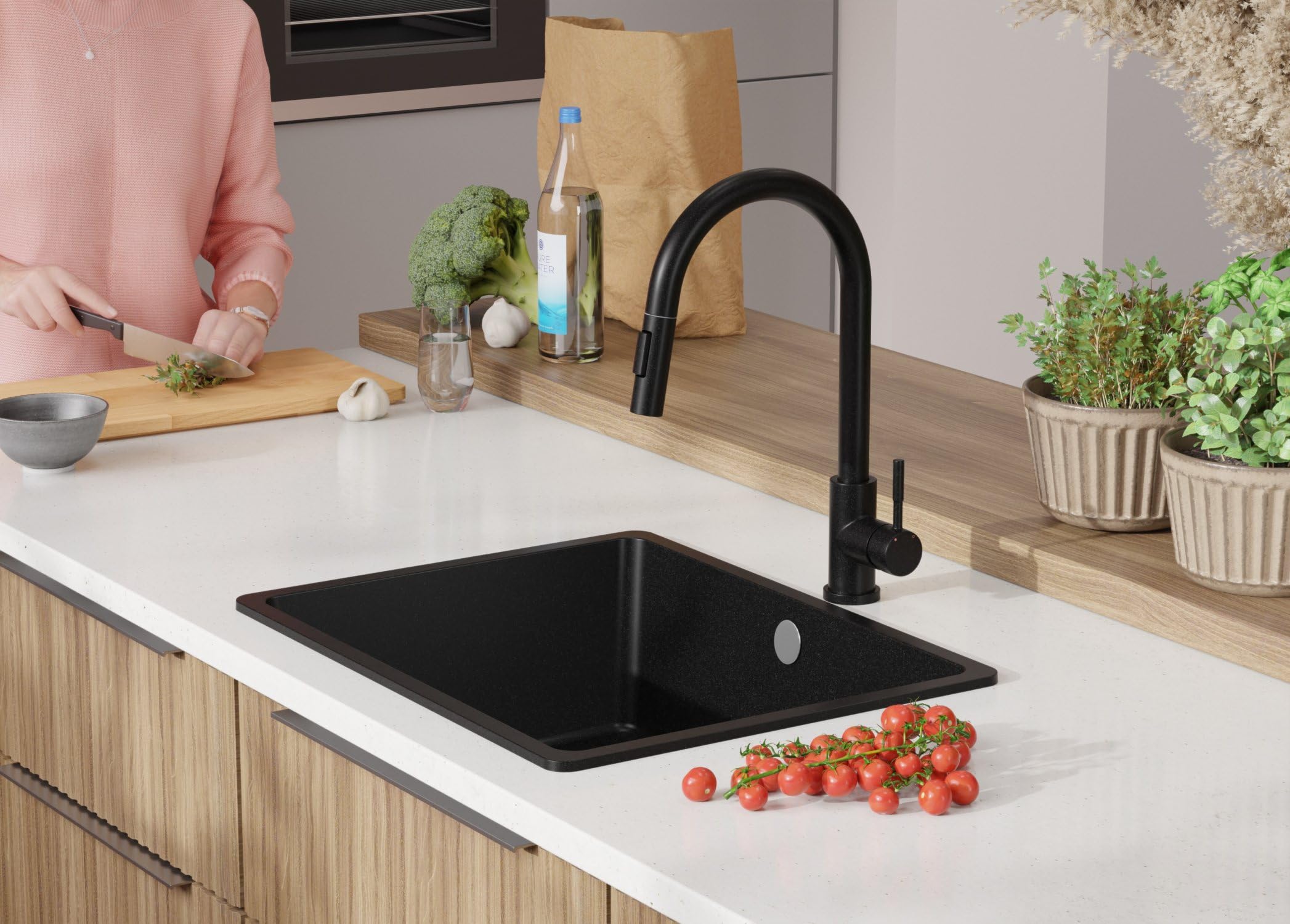 PRIMAGRAN Fregadero Granito Todo Negro - Venecia Easy Slim, 56x44cm | Cocina 1 Seno + Grifo 40x20cm + Set de accesorios, sobre Encimera al Mueble 60cm (S080)
