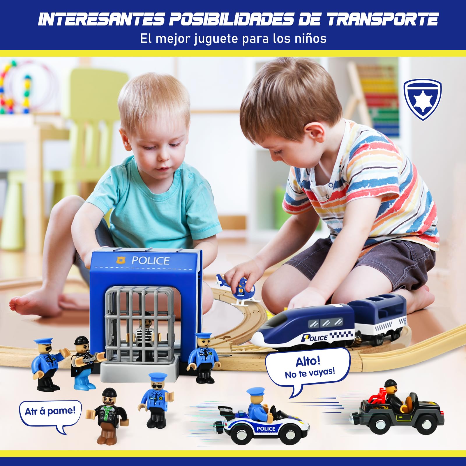 Ulikey Tren de Madera para Niños, 72 Piezas Juego de Tren de Madera con Tema de Policías y Ladrones, Kit de Ferrocarril de Juguete Regalo para Niños y Niñas