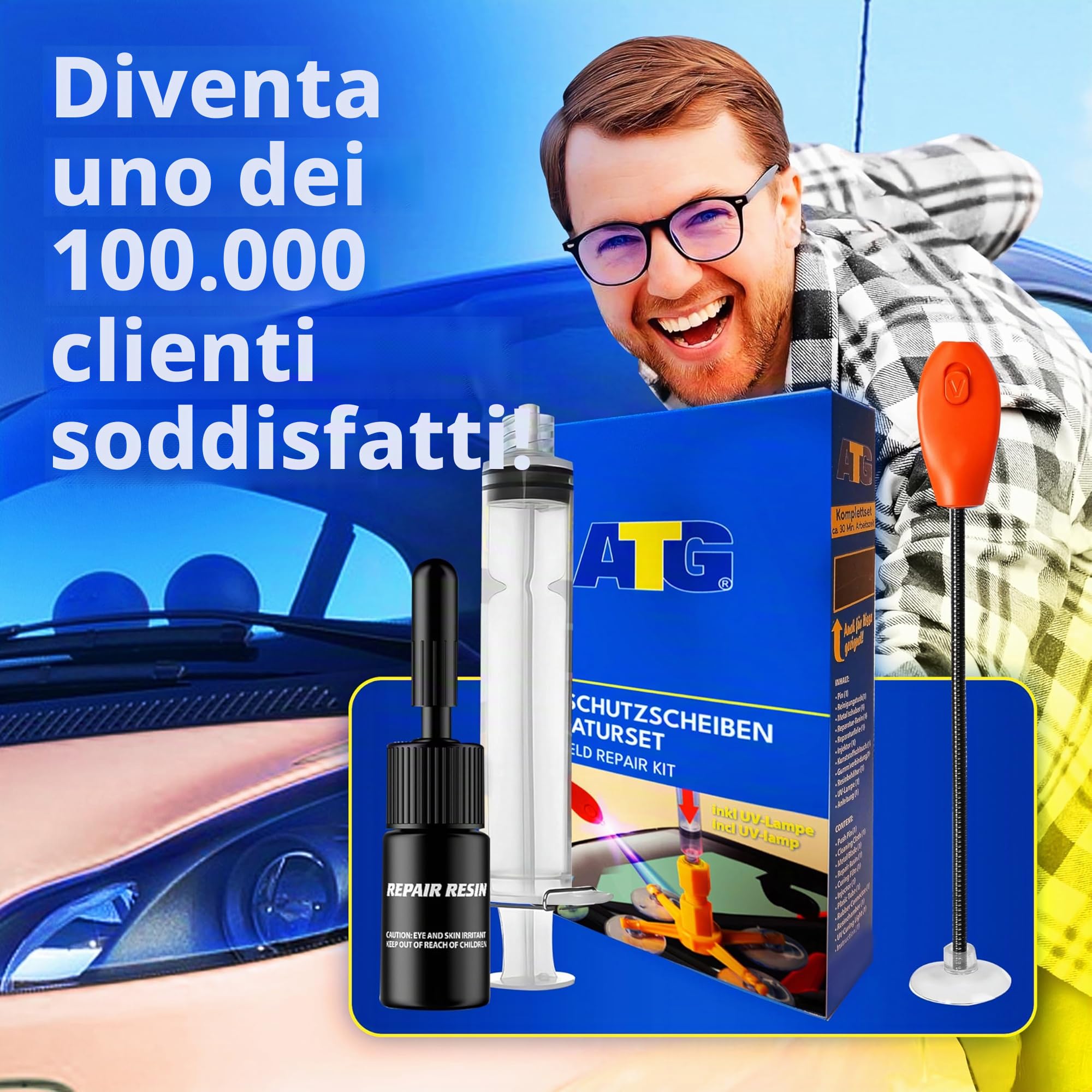 ATG® Kit riparazione parabrezza auto con lampada UV – Kit riparazione vetro auto per crepe e scheggiature | Resina riparazione parabrezza | Polimerizzazione rapida senza sole