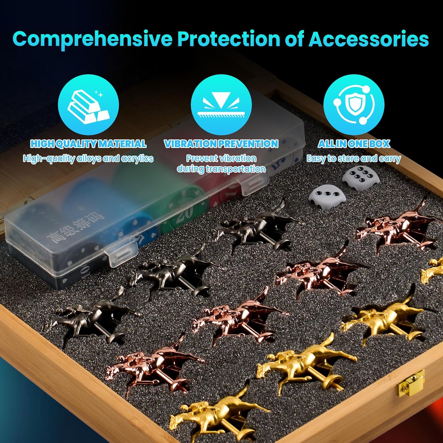 Large 23 inches Bamboo Horse Racing Board Game Foldable Horse Race Board Game with 11 Metal Horses 2 Dice 2 Decks of Cards and 100PCS Chips