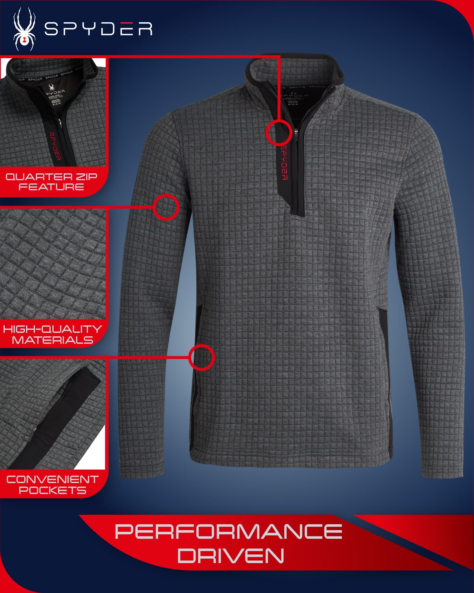 Spyder Męski sweter z zamkiem na ćwierć - Performance Grid polar z zamkiem 1/4 sweter męska bluza do golfa, wędrówek, biegania
