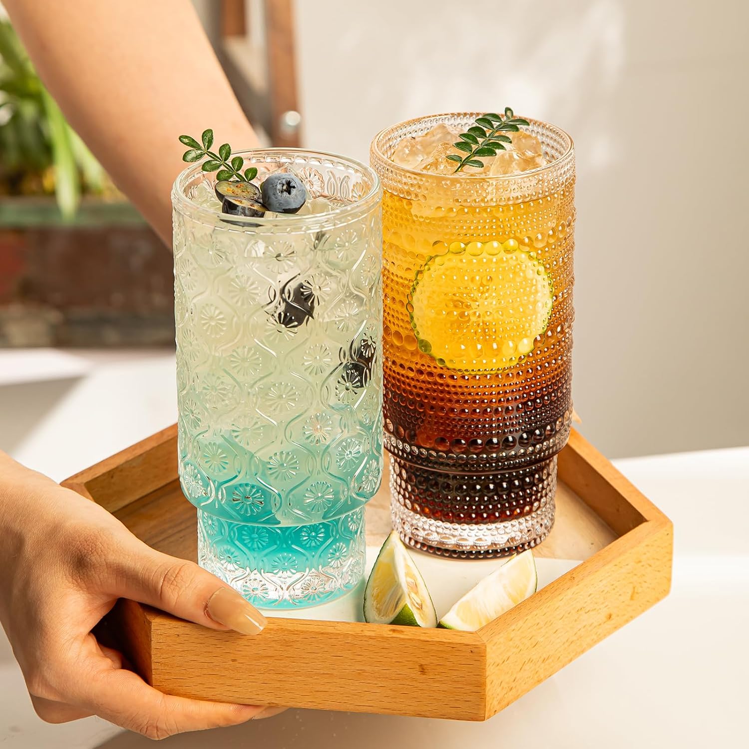 Drinking Glasses Set of 4, 16oz Textured Flower Design Cocktail Glasses, Stackable Old Fashioned Glass Cups, Vintage Glassware for a baby Shower Wedding for Kitchen and Bar - Dishwasher Clear - Image 7