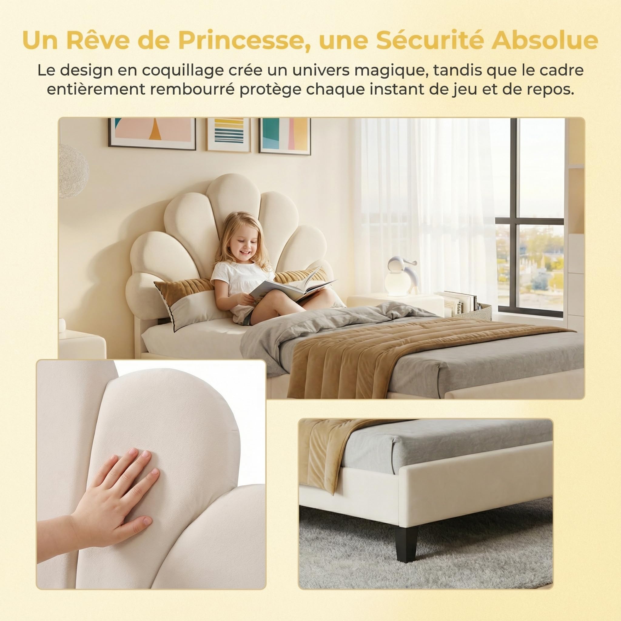 Lit Enfant 90x200 cm, Lit Simple Rembourré avec Tête de Lit en Forme de Fleur, Design Pétales en Velours Beige, Hauteur Réglable, Cadre de Lit avec Sommier à Lattes pour Adolescent et Adulte