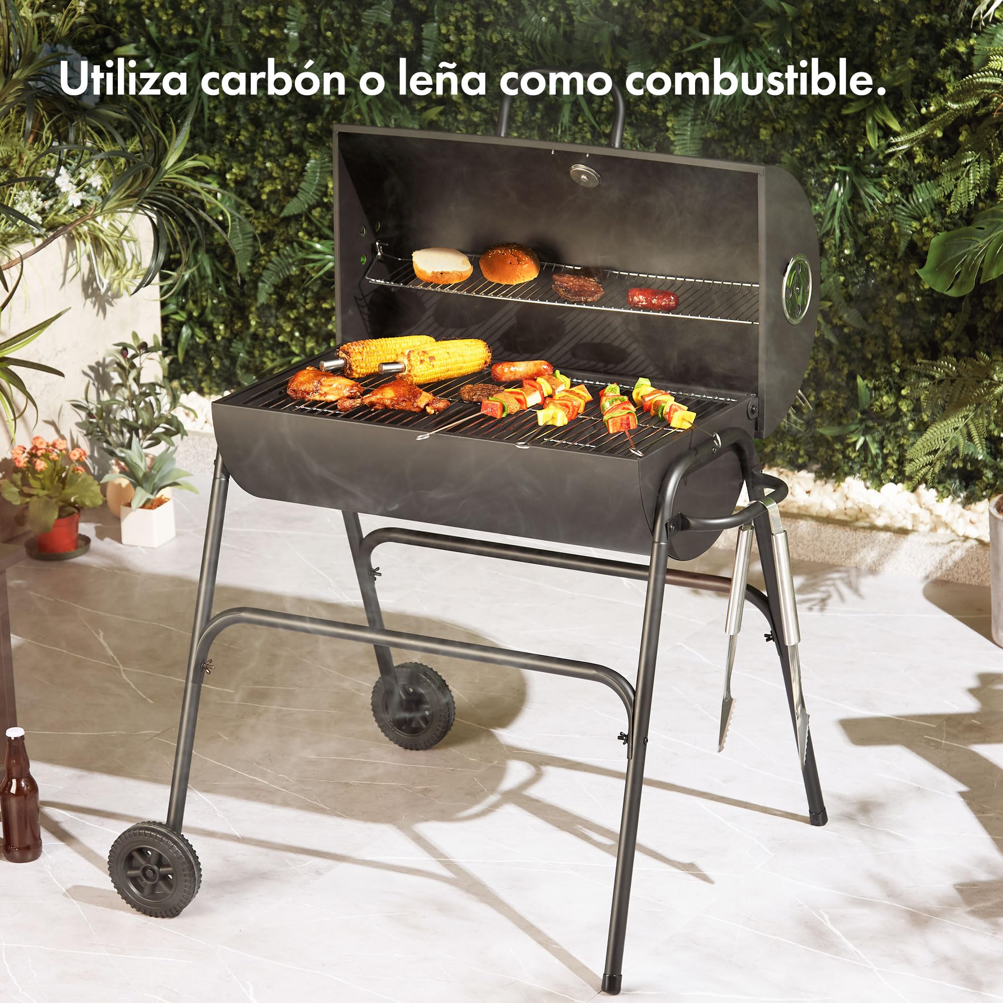 VonHaus Barbacoa de Carbón – Barril Portátil con Rejilla Calentadora, Medidor de Temperatura, Ruedas, Parrilla de Cocción y Respiraderos – 2 en 1 Barbacoa y Ahumador – Asa Carne, Pescado y Verduras