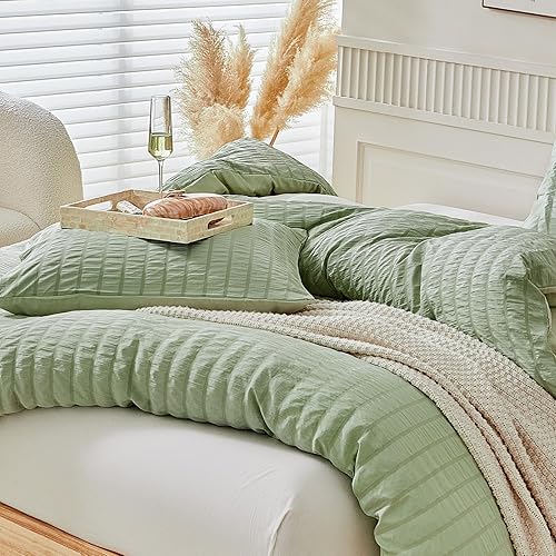 Miniatura 7 de WARMDERN Juego de funda de edredón tamaño Queen, juego de ropa de cama verde de microfibra lavada de 3 piezas, suave, transpirable, a rayas,