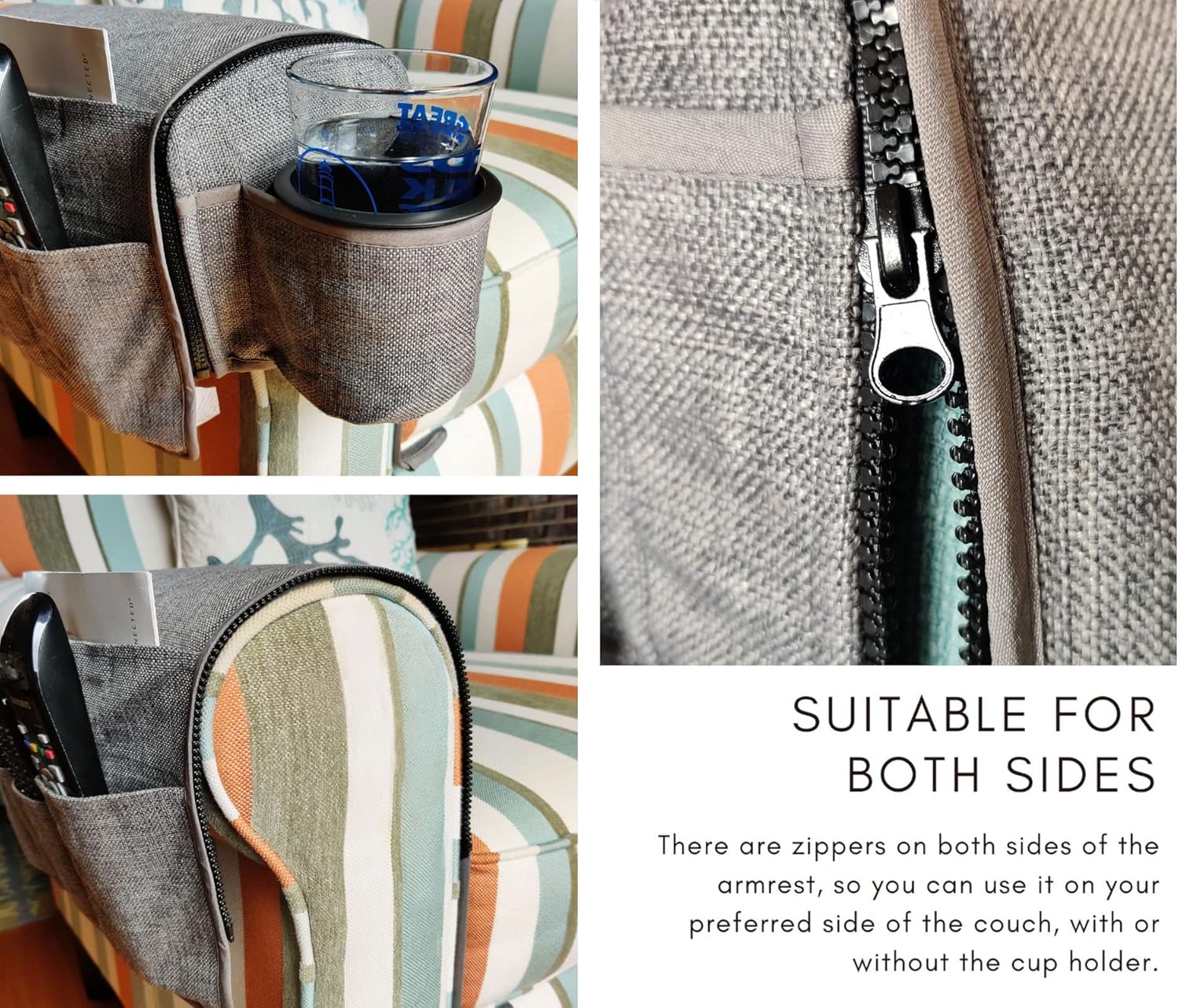 Couch Cup Holder Caddy - Armchair Caddy Remote Control Holder Armrest Organizer Recliner or Sofa - Anti Slip Arm Rest for Drink 5 Pockets for Snacks Gray (6 Inches)