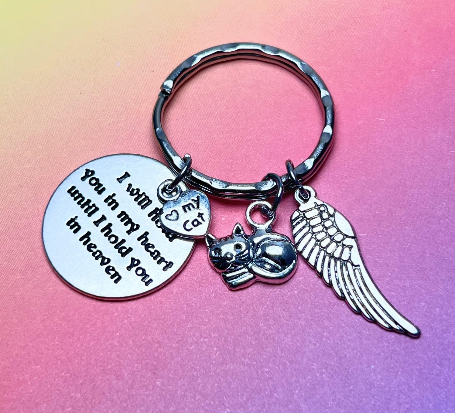 I Will Hold You in My Heart Until I Hold You in Heaven Angel Wing Bereavement Memorial Sympathy Loss of Loved One Pet Feline Kitten Tom Fur Baby Companion Tabby Kitty I Love My Cat Keychain 114Q