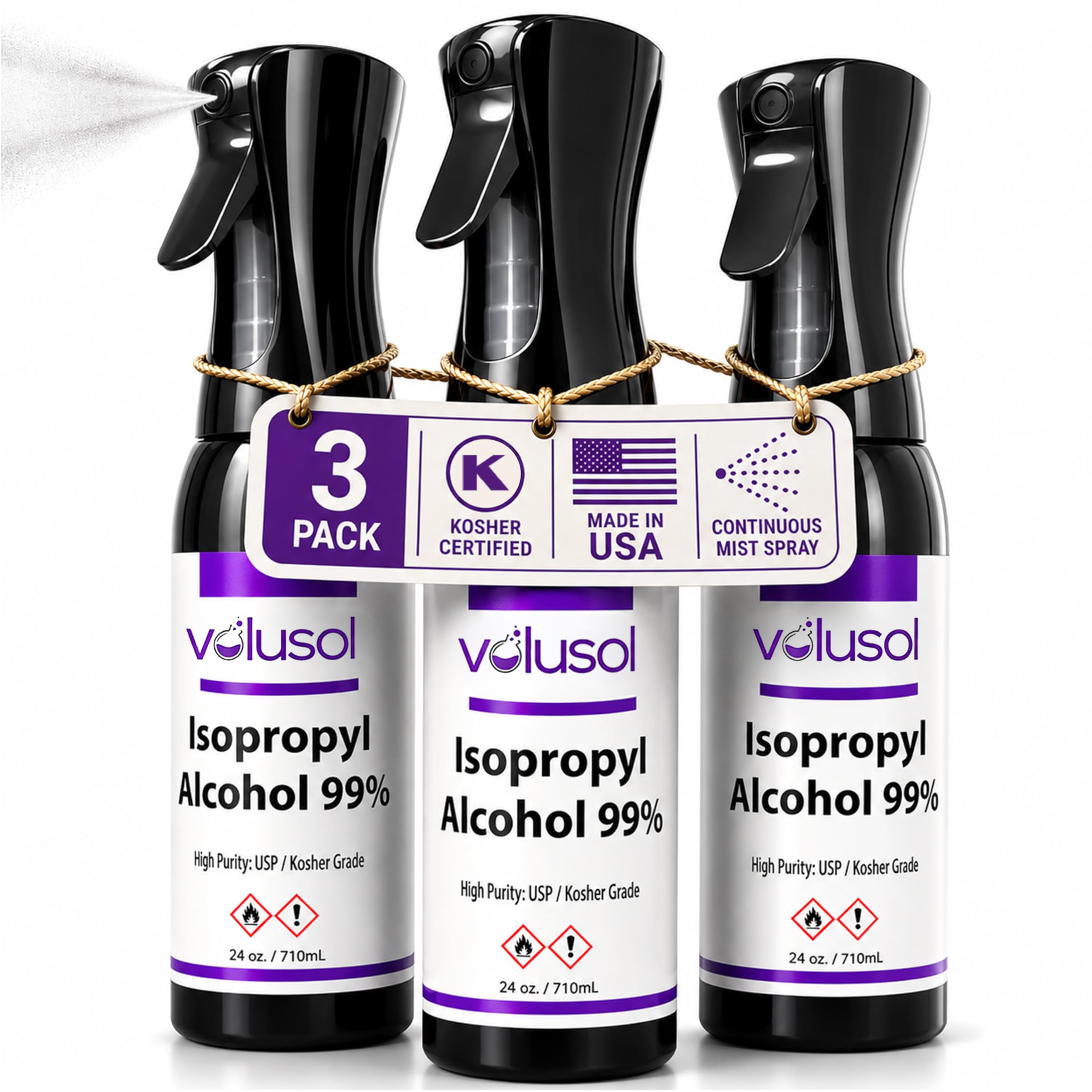 Volu-Sol 99% Isopropyl Alcohol Spray – Continuous Fine Mist Pure IPA 99% Rubbing Alcohol Spray Bottle – USP & Kosher Certified Formula for Electronics