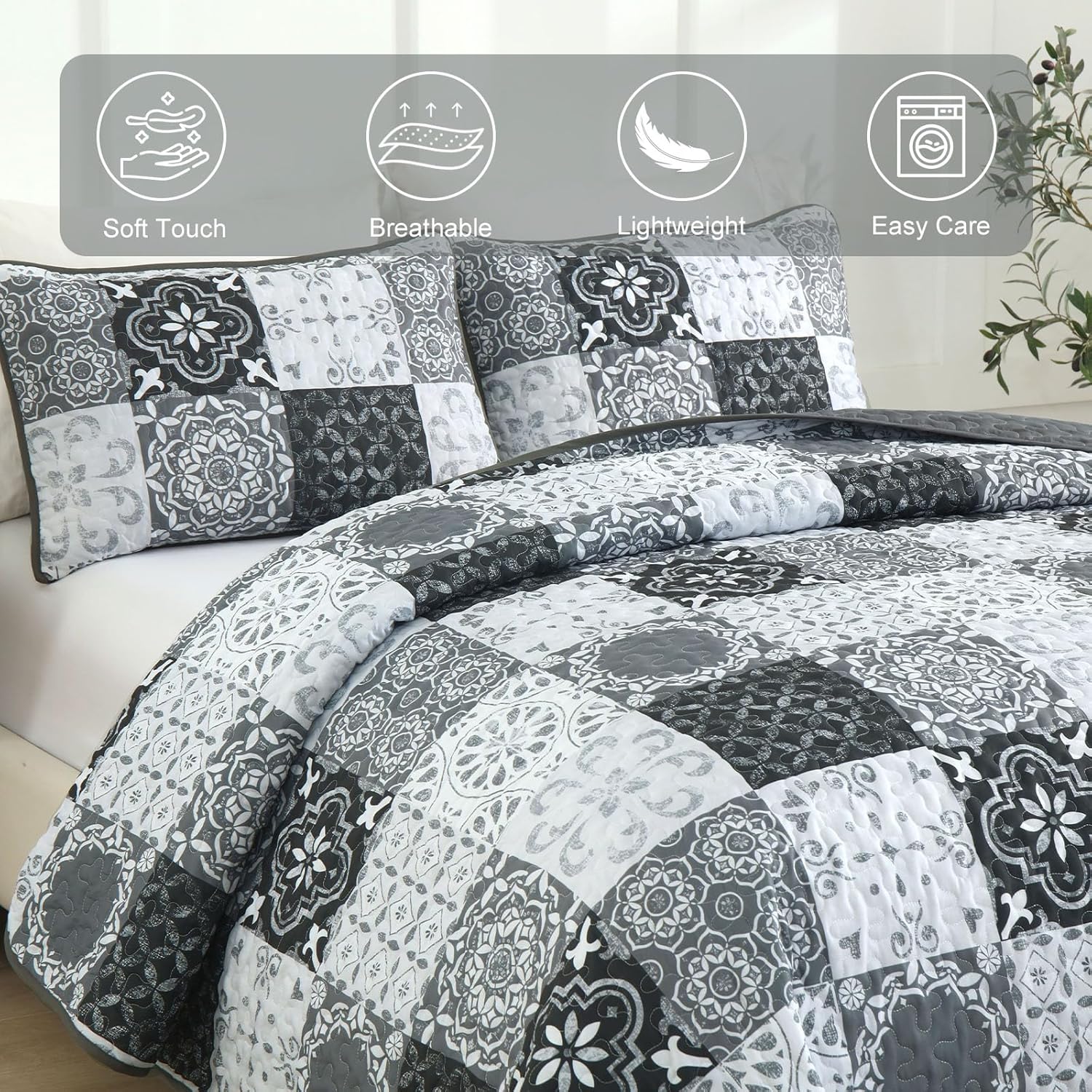 Dobuyly Grey Black Quilt Set California King Size, Boho Plaid Patchwork Bedspreads Coverlet Set, 3 Pieces Soft Lightweight Microfiber Farmhouse Cal King Quilt Bedding Set for All Seasons 112"x96" - Image 4