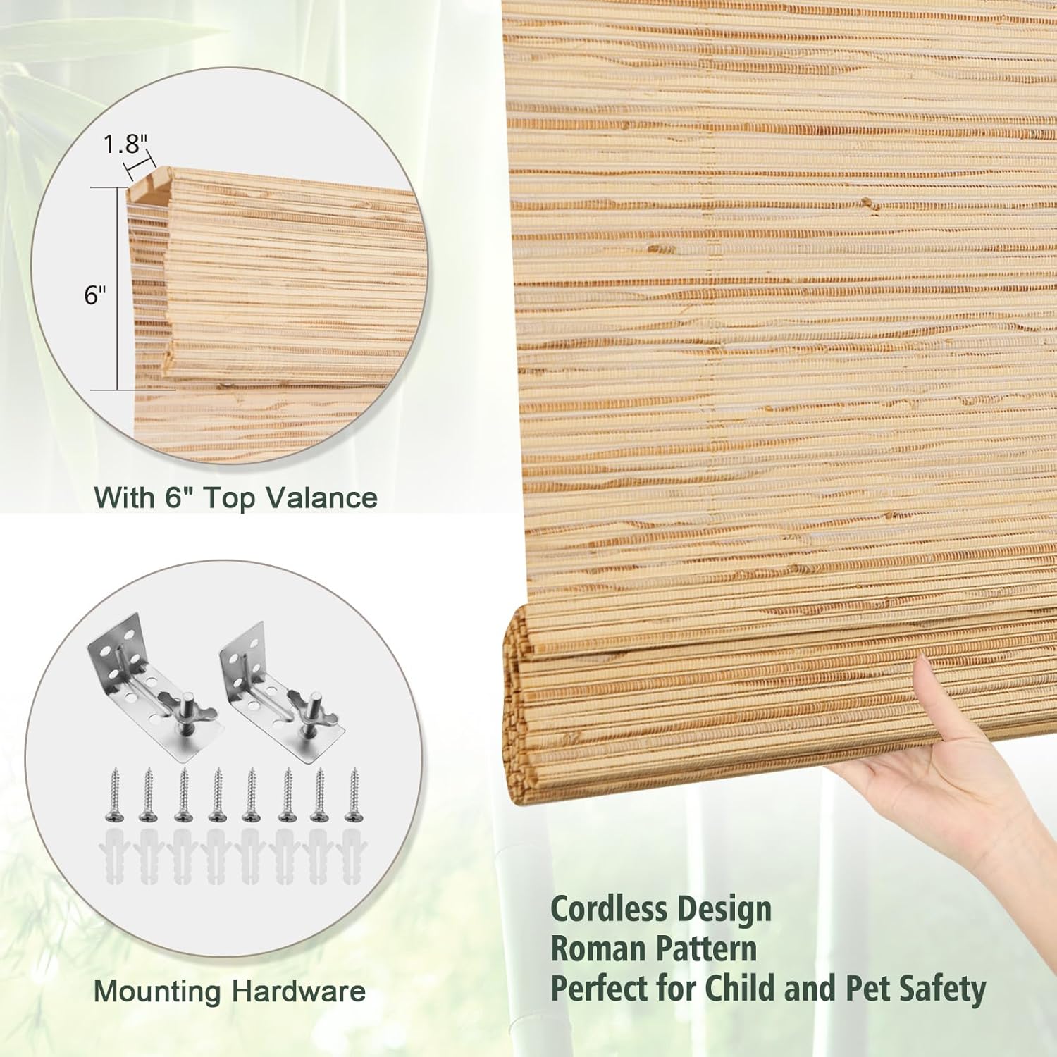 Cordless Blackout Bamboo Roman Shades, Easy Installation Natural Woven Wood Window Shades, Custom Room Darkening Lined Roll Up Bamboo Blinds for Windows,Office, Kitchen, Desert Wind