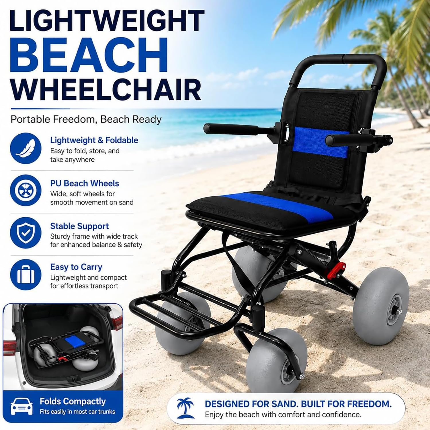 Silla De Ruedas Plegable para Playa, Silla De Ruedas Ligera para Personas Mayores Y Niños, Silla De Ruedas Todoterreno, con Neumáticos Anchos De 12" Y 9", Capacidad De 130 Libras para