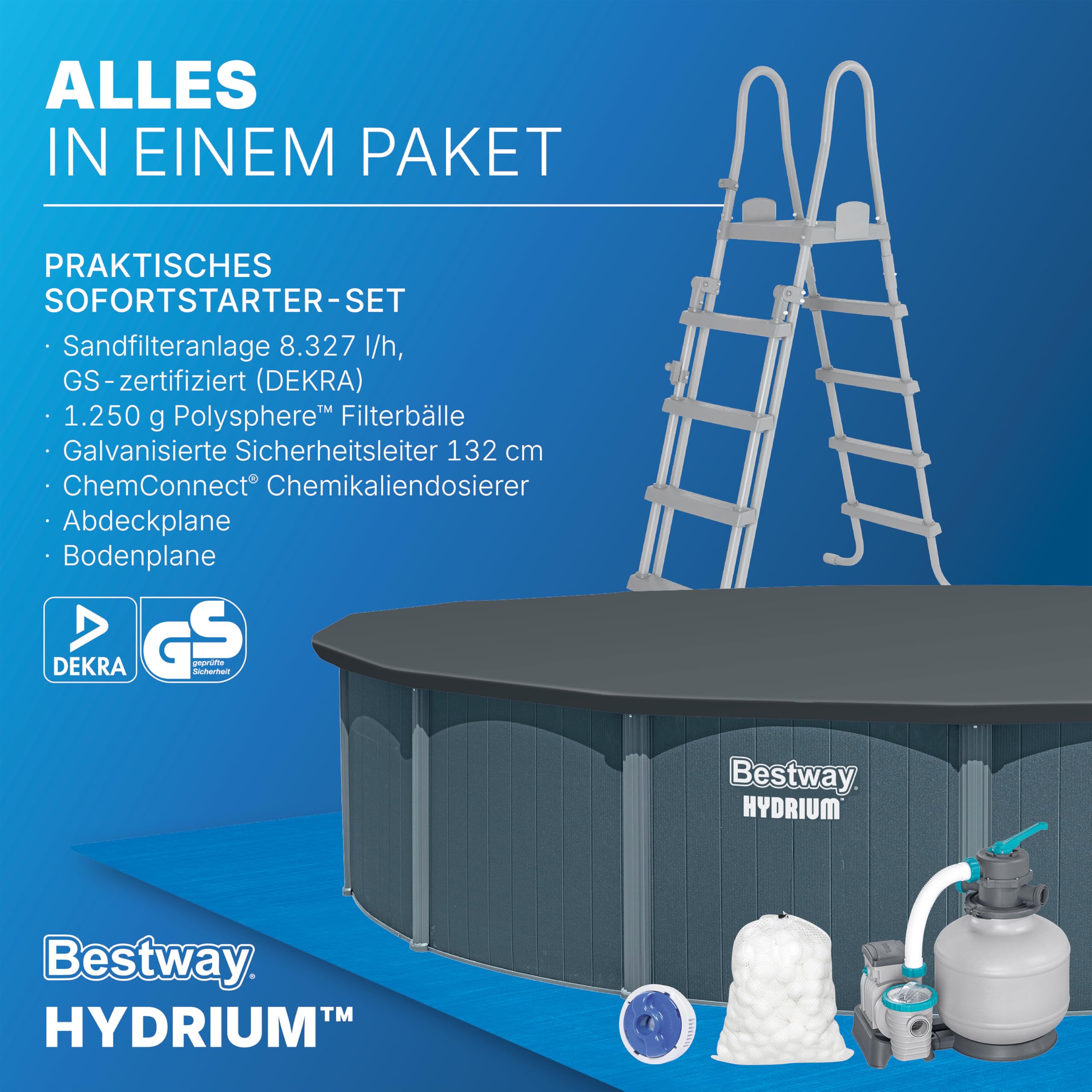 Bestway Hydrium Stahlwandpool Komplett-Set rund 732 x 132 cm Holz-Optik Grau XXL Gartenpool mit Sandfilteranlage