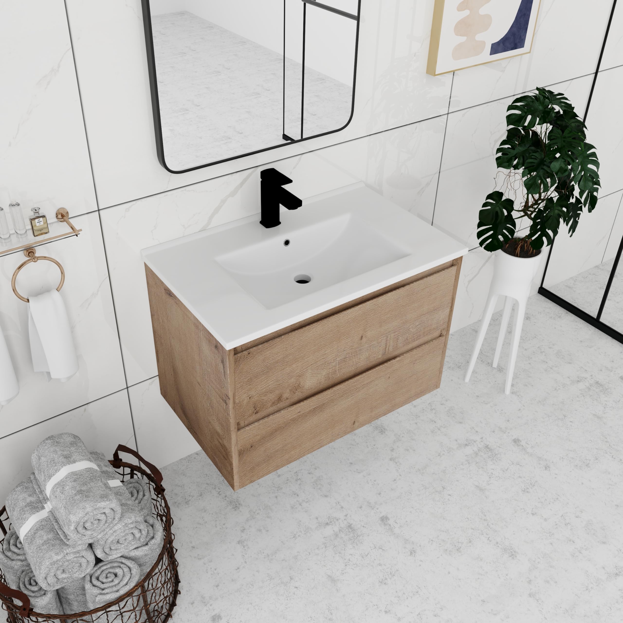 WindBay Wall Mount Floating Bathroom Vanity Sink Set, White Embossed