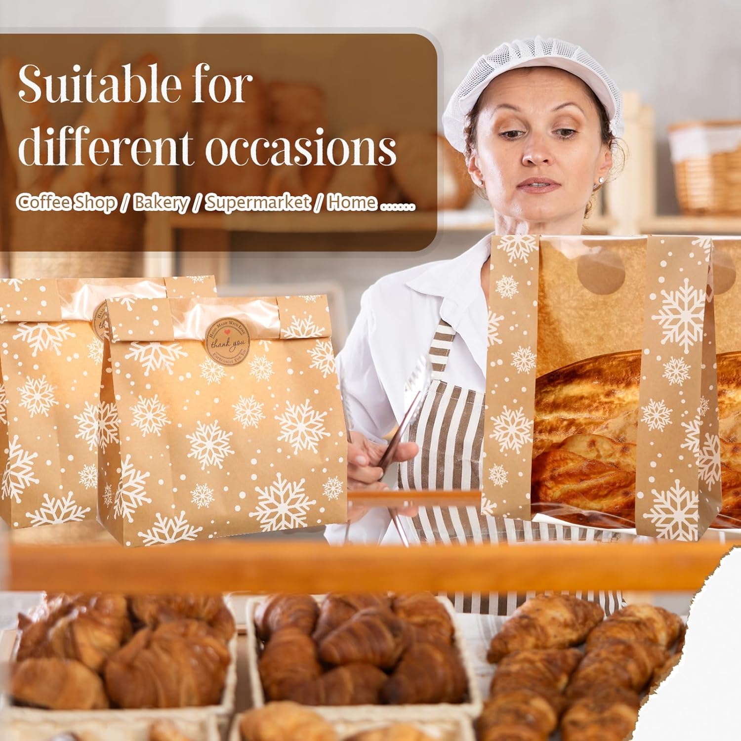 100 Pcs Christmas Kraft Paper Bread Bags for Homemade Sourdough Bread with Clear Window & Sealing Stickers 13.7 x 8.3 x 3.5 Large Brown Bakery Bag Bulk for Storage Loaves Food(Snowflake)