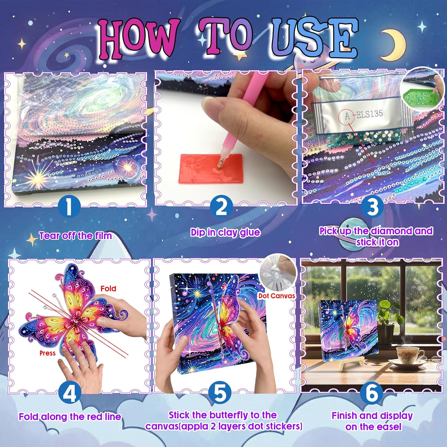 Toynificent Butterfly Diamond Art Kits, 3D Butterfly Diaomnd Painting with 5D Diamond Dot, 8 * 8 inch Gem Painting Kit, DIY Art for Adults, Decor for Home Wall (Starry Sky)