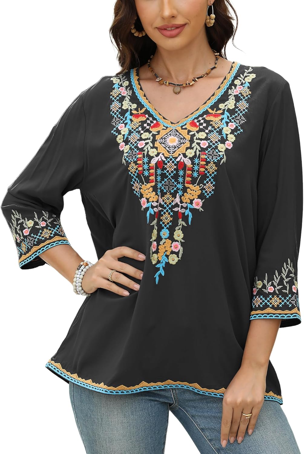AK Women's Embroidered Tops 3/4 Sleeve Traditional Mexican Shirts for Women V Neck Peasant Tunic Blouses - Image 2
