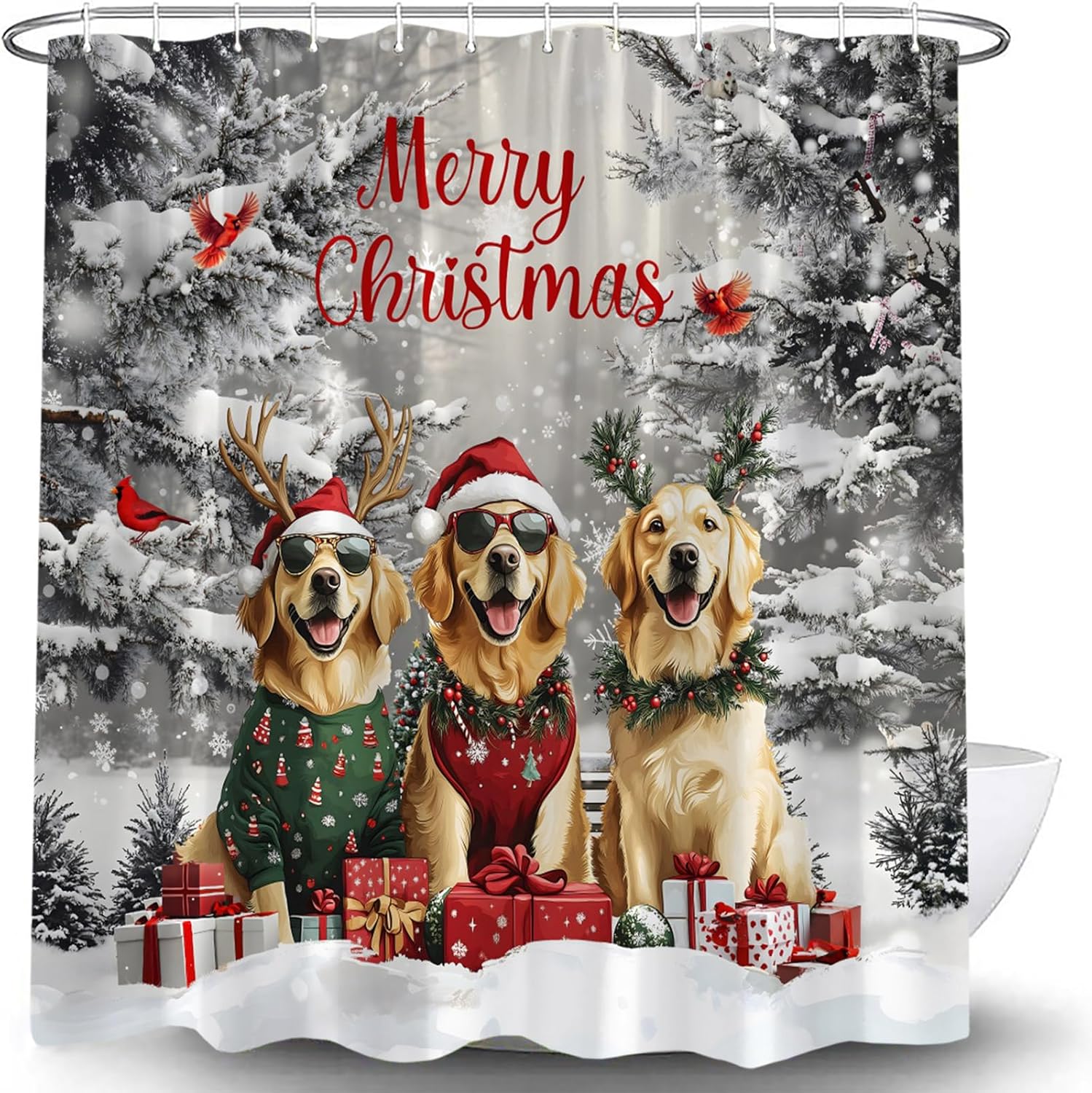 Christmas Dog Shower Curtain Winter Snow Pine Tree Forest Red Bird Cute Xmas Animal Snowflake Nature Scenery Happy New Year Holiday Bathroom Curtain with Hooks