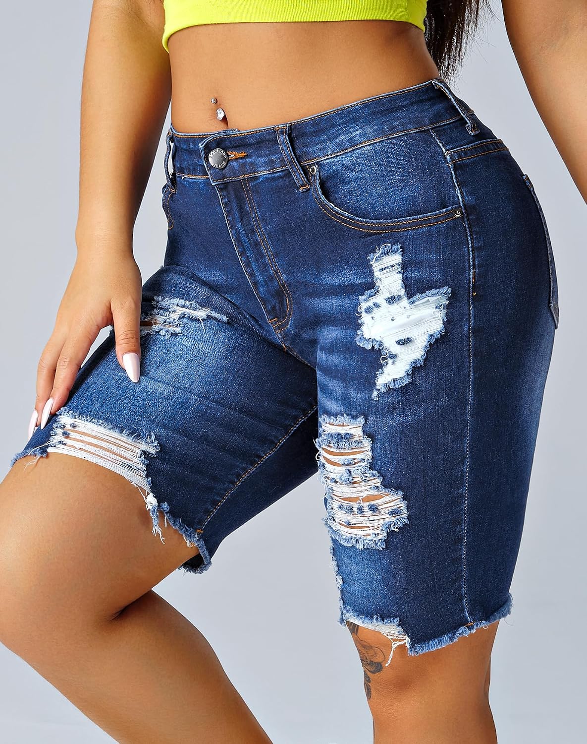 roswear Women Ripped Bermuda Denim Shorts Stretchy High Waisted Jean Shorts Knee Length