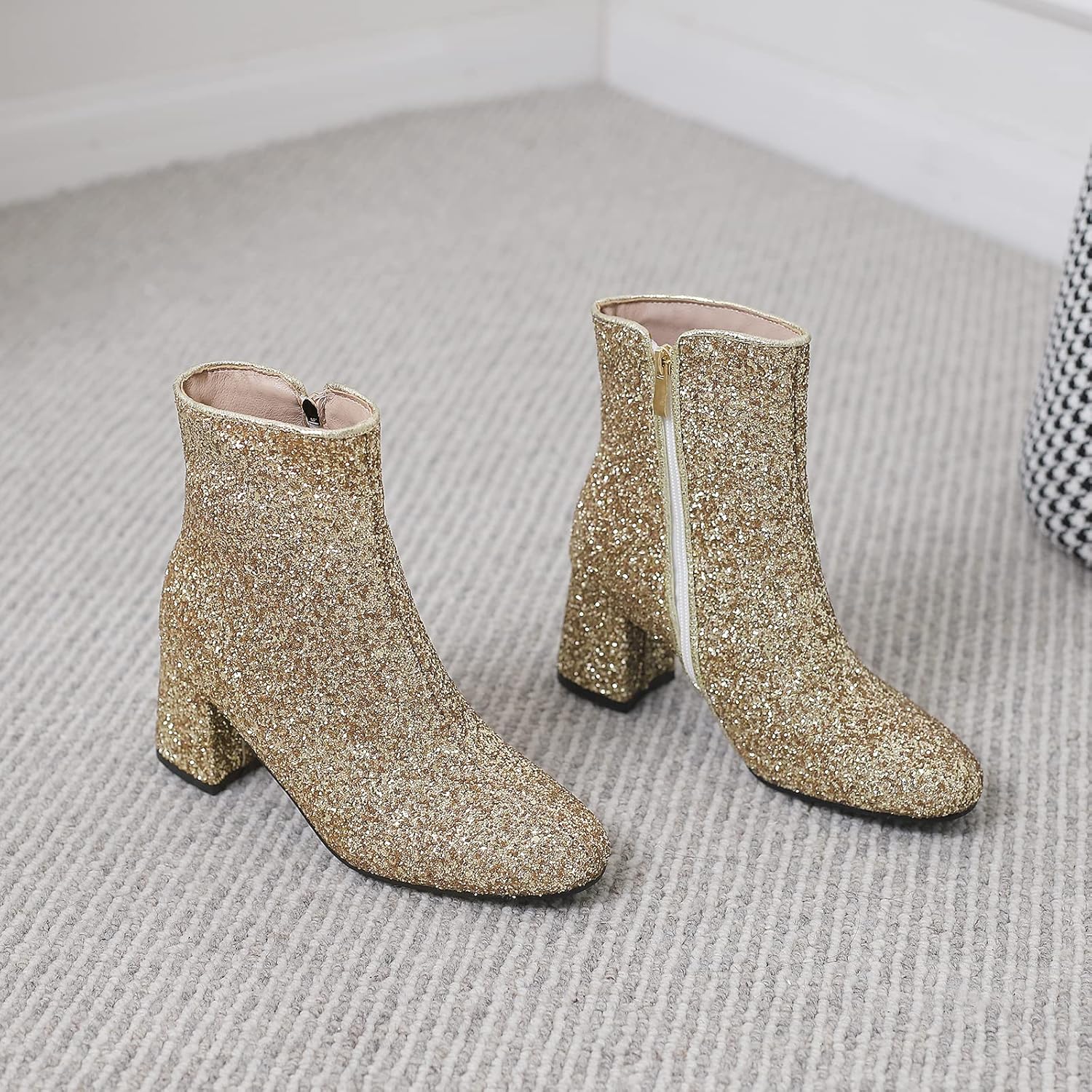 Alsoloveu Women's Sequin Glitter Boots Chunky Heels Ankle Booties Sparkly Wedding Party Dress Shoes