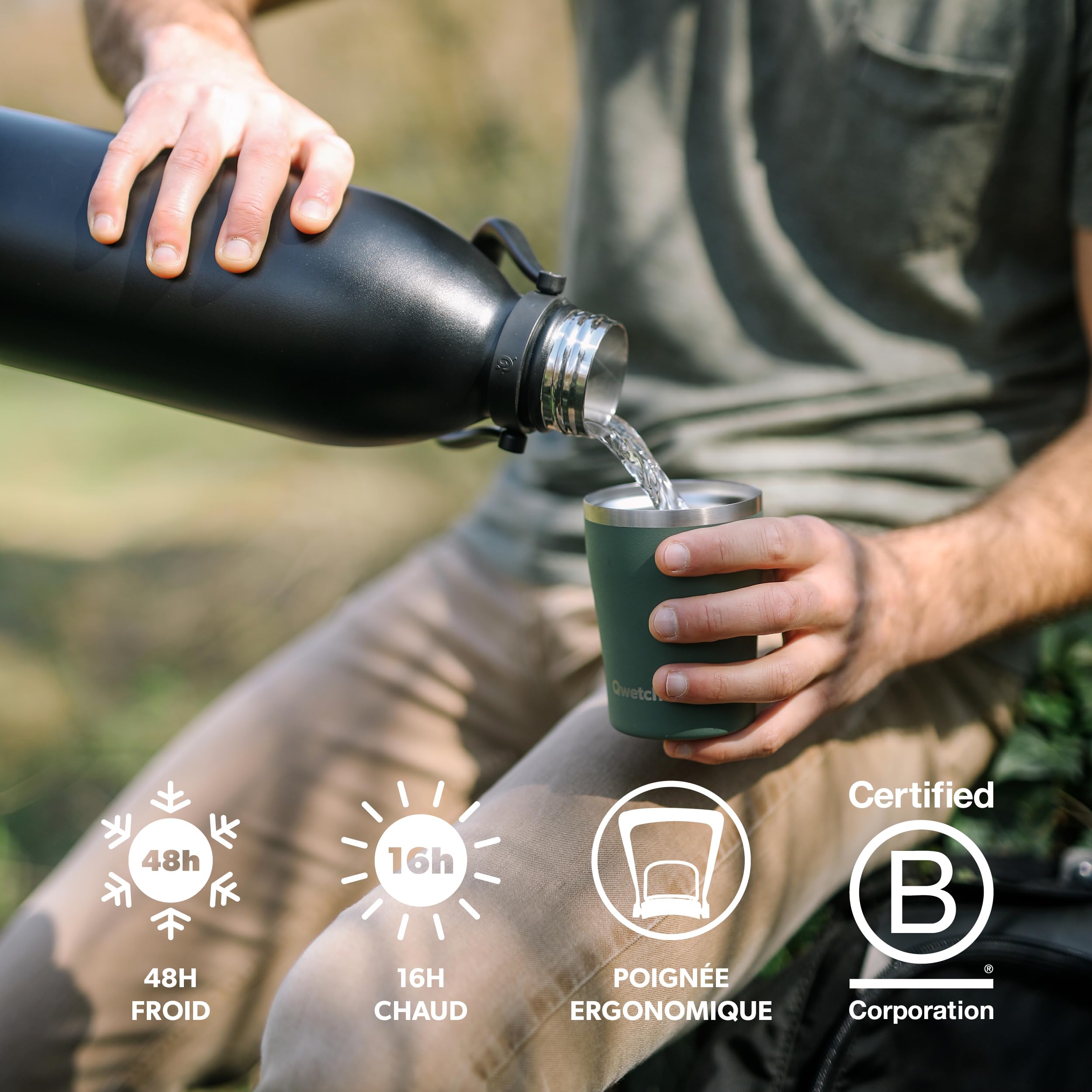 Qwetch - Grande Bouteille Isotherme - Inox Brossé 2L - 48h Froid et 16h Chaud - Etanche & Sans BPA - Gourde Inox avec Poignée de Portage - Thermos isotherme pour Pique-nique, Camping, Famille