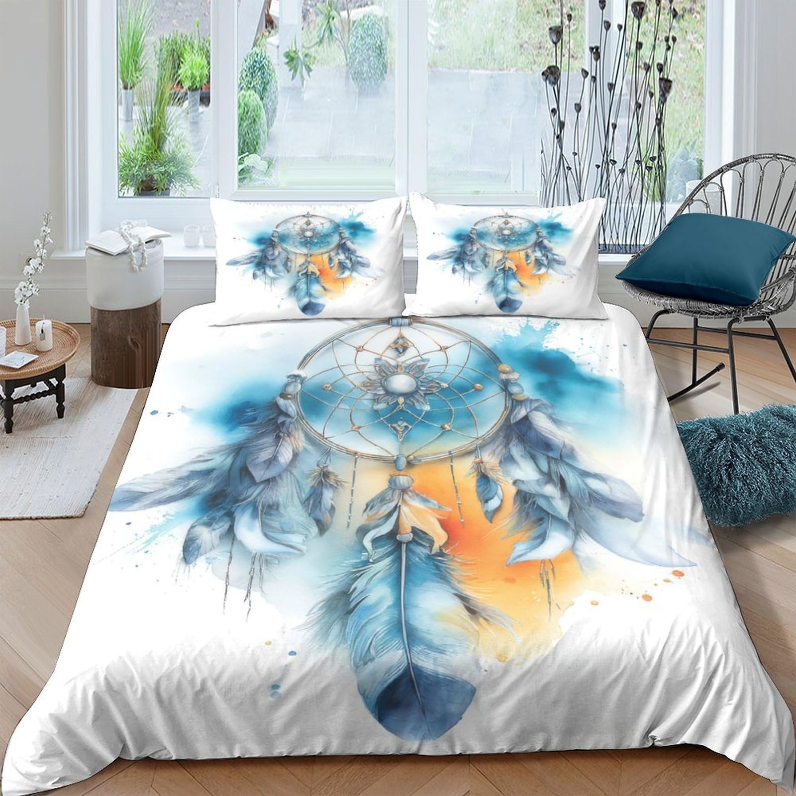 GPLZQXKJNH 3D Printed Dreamcatcher Duvet Cover Microfiber Soft Breathable Feather Watercolor Bedding Set with 2 Pillowcases for Bedroom Decor Single（135x200cm）