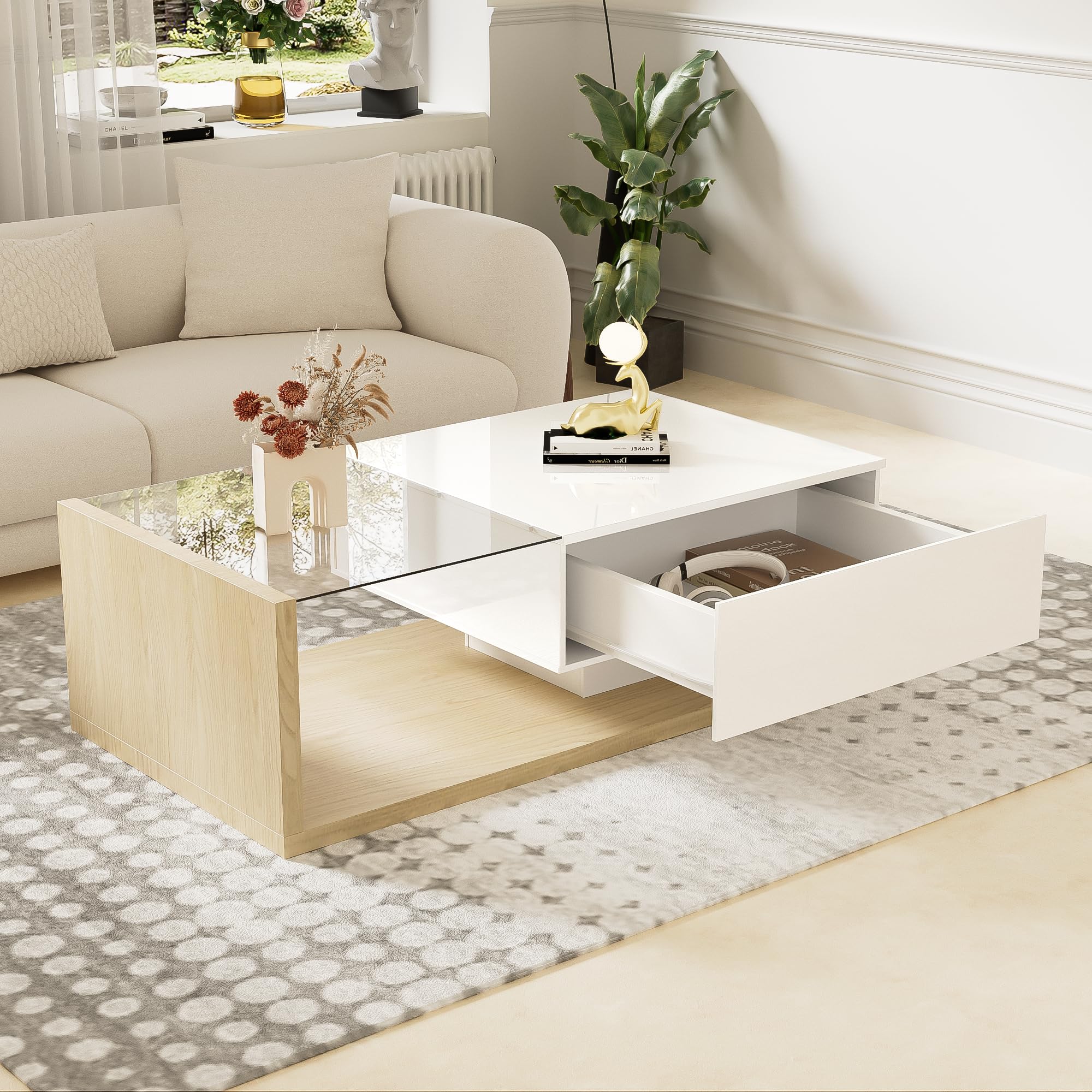 Mesa de centro de 105 x 55 x 32,5 cm, mesa auxiliar, mesa de café en color blanco brillante y combinación de colores de madera, mesas de centro con cristal y efecto LED para salón (blanco y