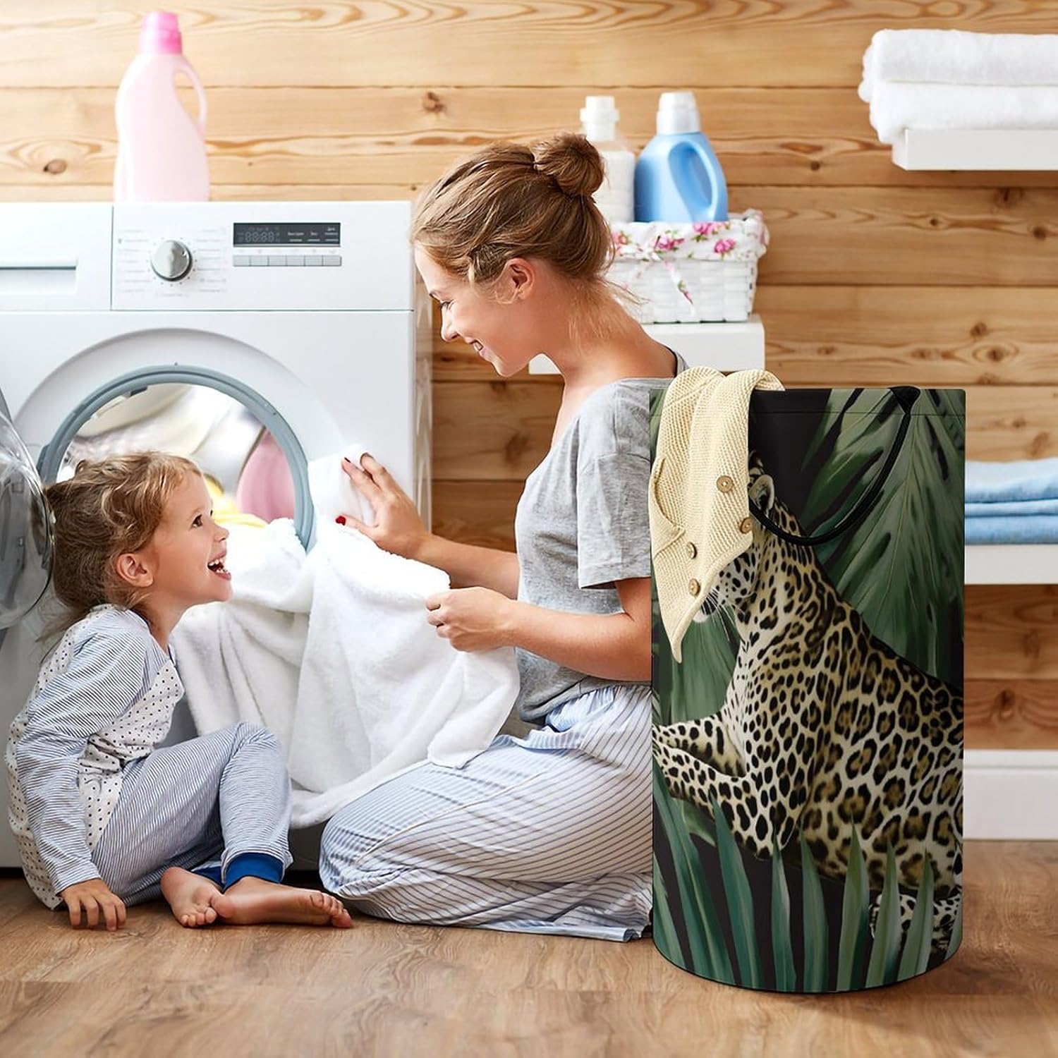 Leopard Palm Leaf Laundry Hamper Freestanding Waterproof Clothes Hamper with Easy Carry Handles Large Collapsible Laundry Baskets Portable Dirty Clothes Basket